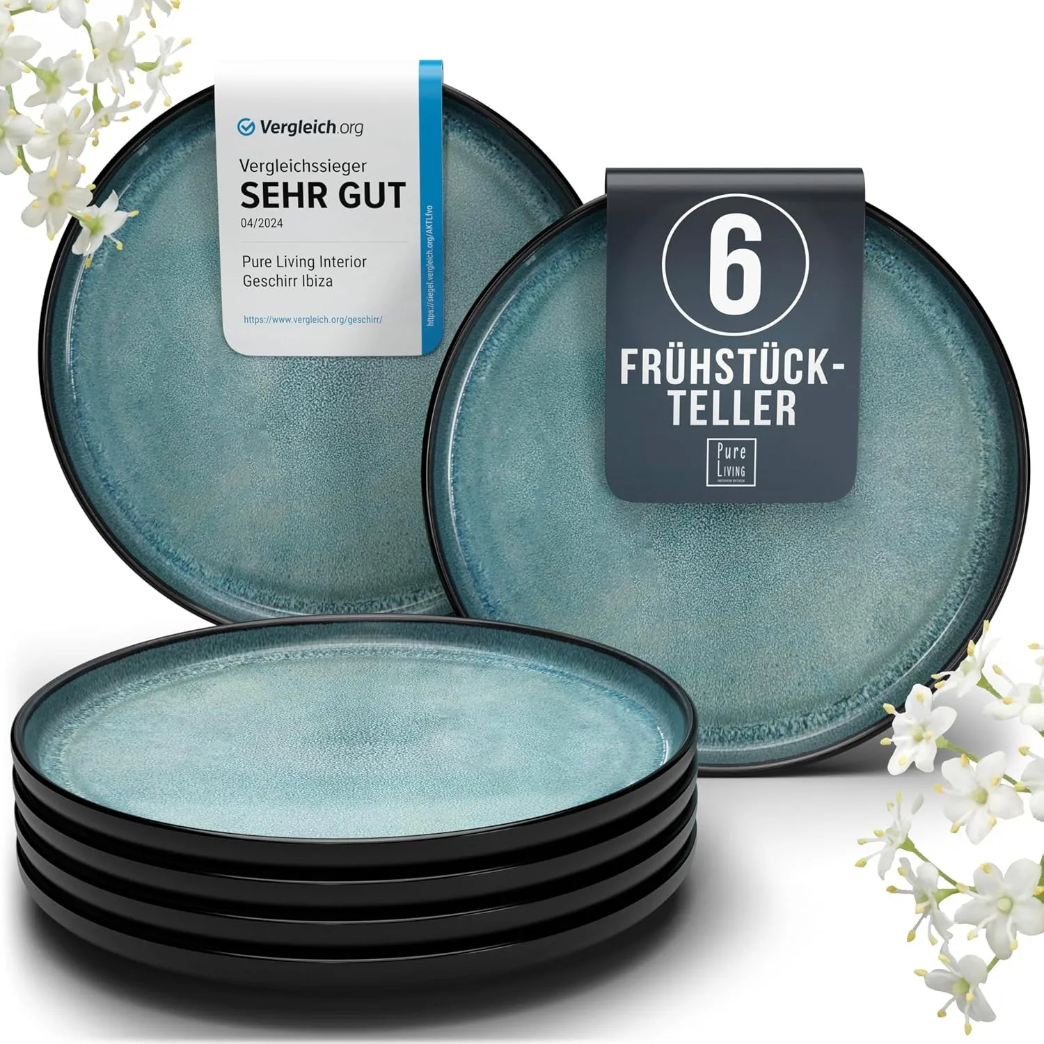 Steingut Frühstücksteller 6 Personen Ibiza TESTSIEGER, Traumhaftes Mediterranes Steingut Dessertteller Set, Kleine Tell…