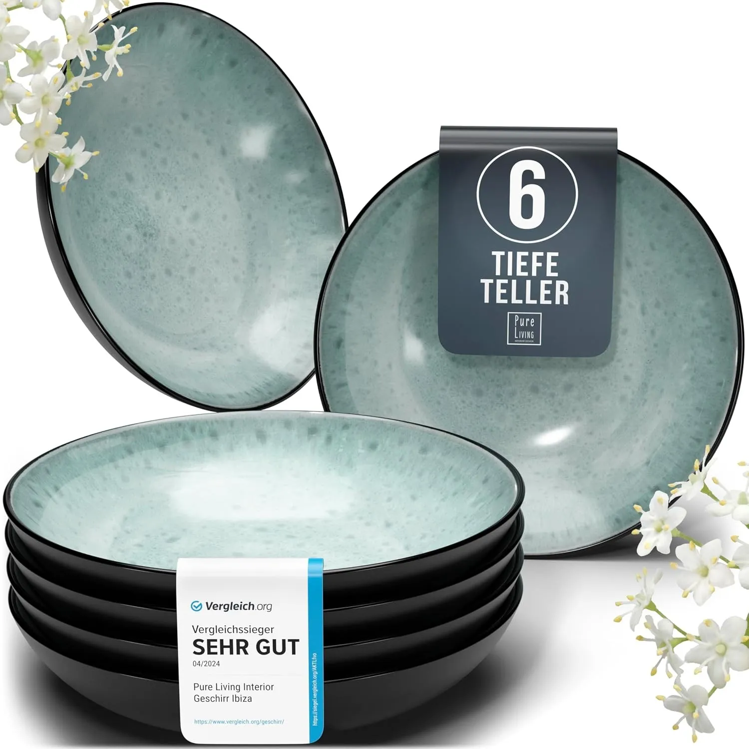 Steingut Suppenteller 6 Personen Ibiza TESTSIEGER, Traumhaftes Mediterranes Steingut Tiefe Teller Set, Pasta Teller Tie…