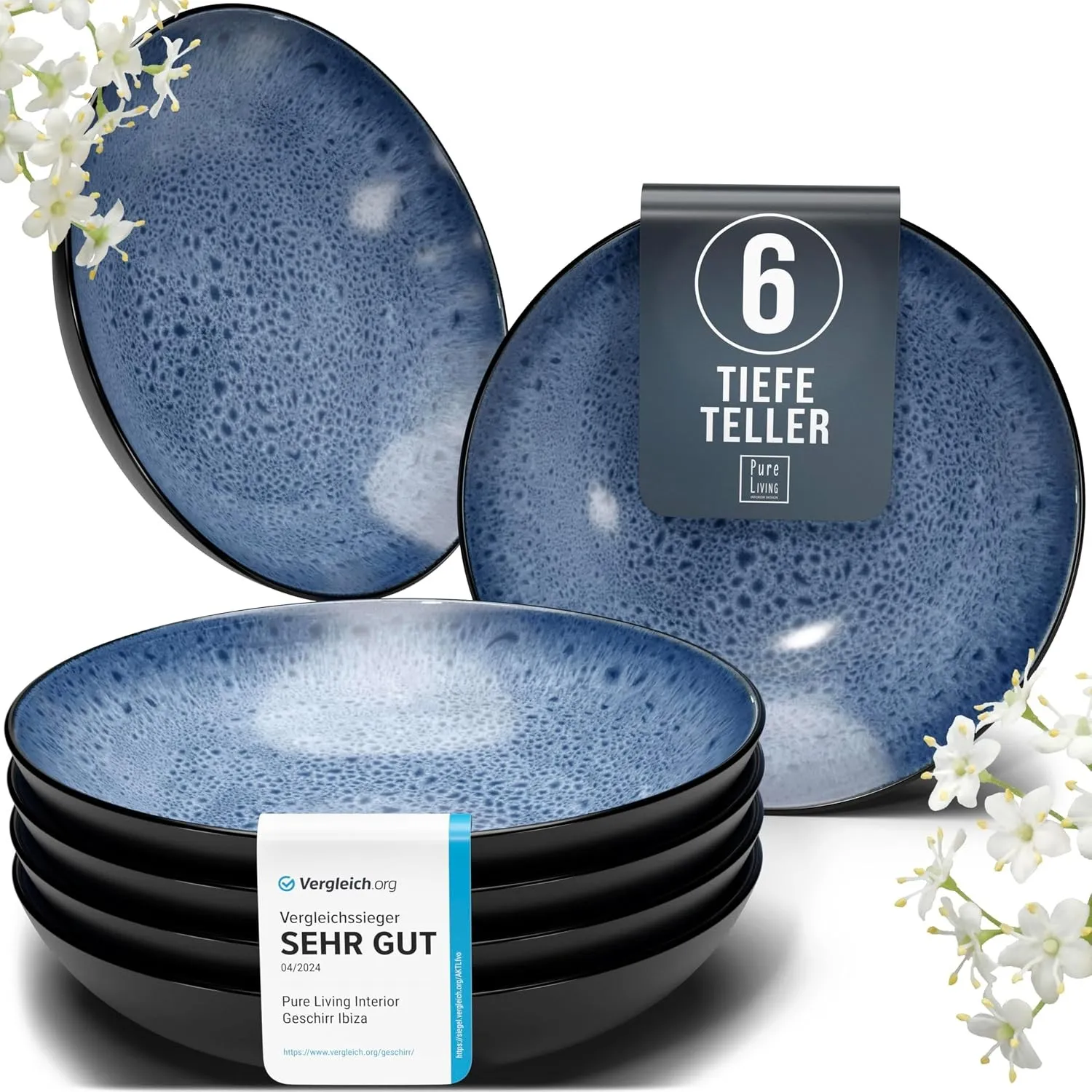 Steingut Suppenteller 6 Personen Ibiza TESTSIEGER, Traumhaftes Mediterranes Steingut Tiefe Teller Set, Pasta Teller Tie…