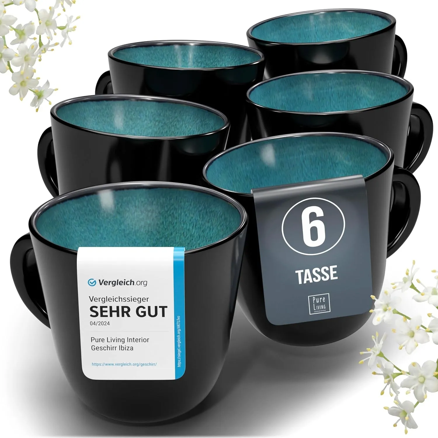 Steingut Kaffeetassen 6 Personen Ibiza TESTSIEGER, Traumhaftes Mediterranes Steingut Tassen Set, Stylisches Tee- und Ka…