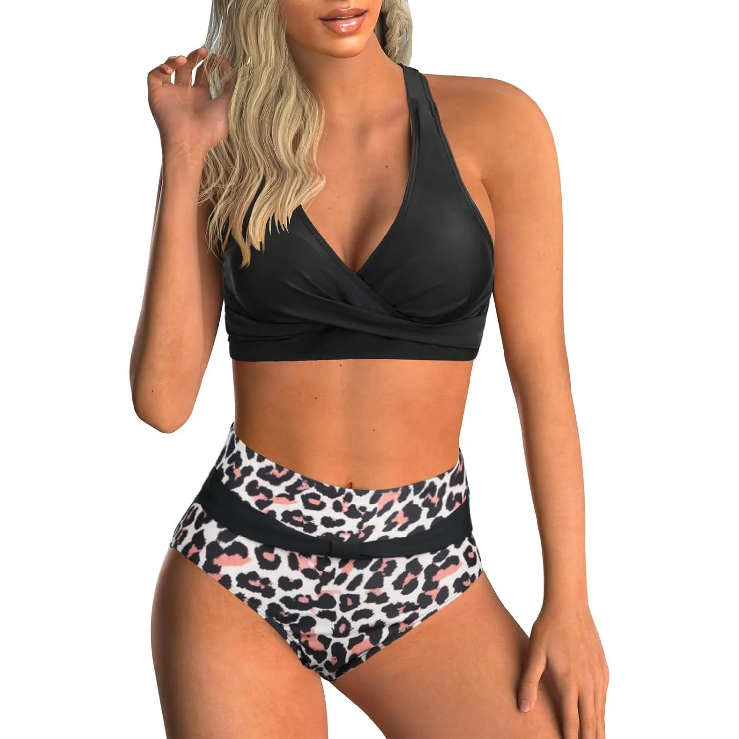 Adigaber Damen Zweiteiliger Badeanzug V Ausschnitt überkreuztes Blumenmuster Bikini Bademode Bauchkontrolle Bikini Sets