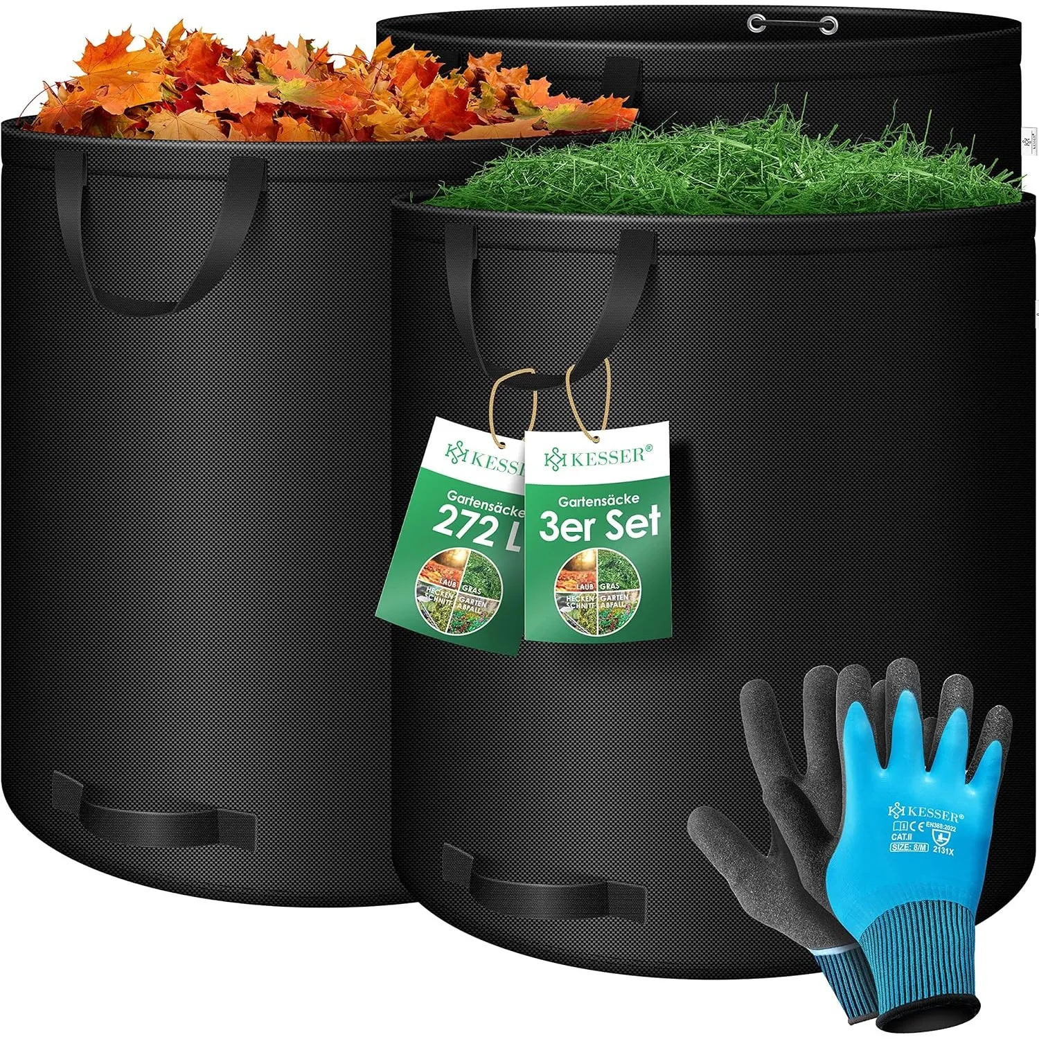KESSER® Gartensack 3x 272L Set Laubsack Gartenabfallsack inkl. Handschuhe - Selbststehend 4 Griffe Stabil Robust & Falt…