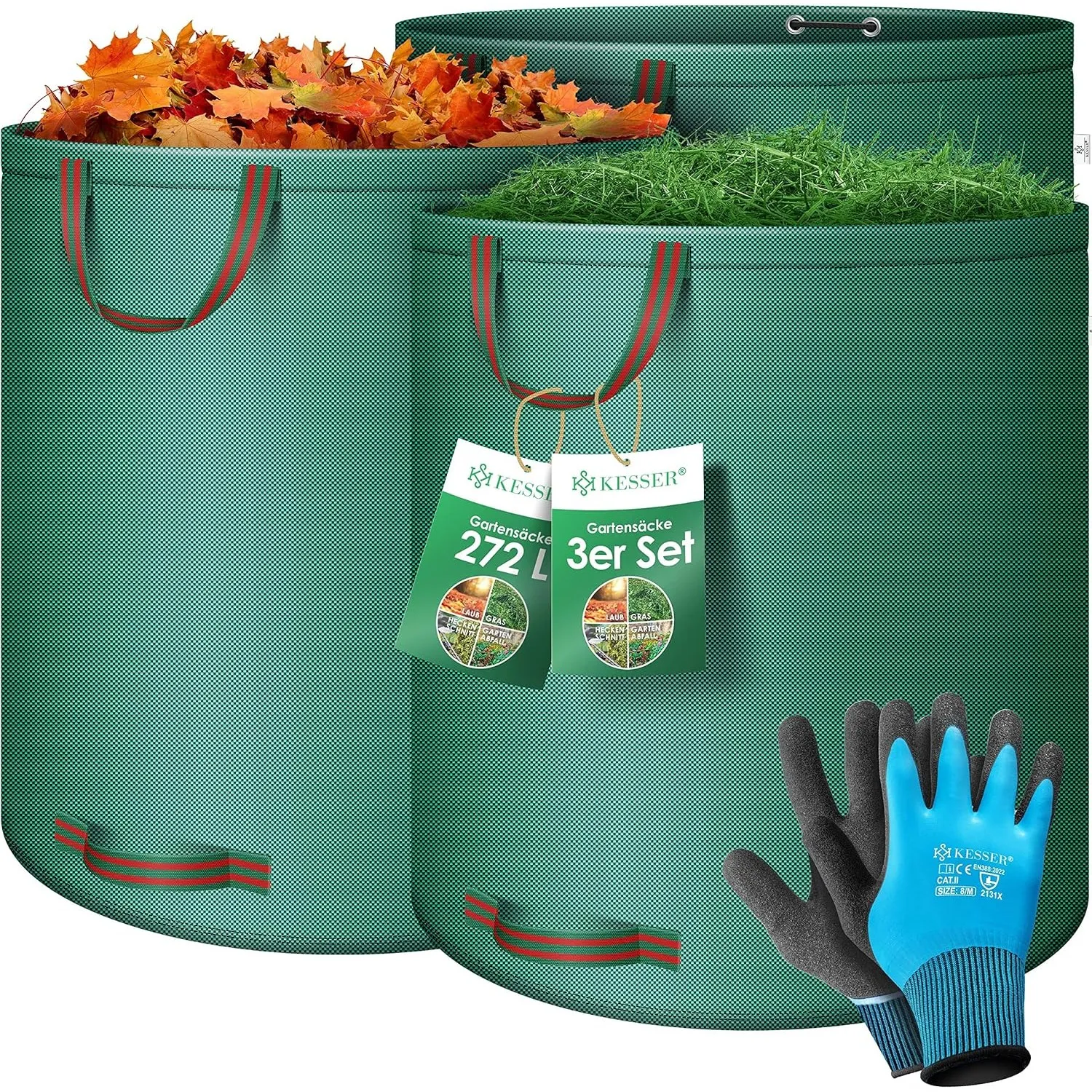 KESSER® Gartensack 3x 272L Set Laubsack Gartenabfallsack inkl. Handschuhe - Selbststehend 4 Griffe Stabil Robust & Falt…