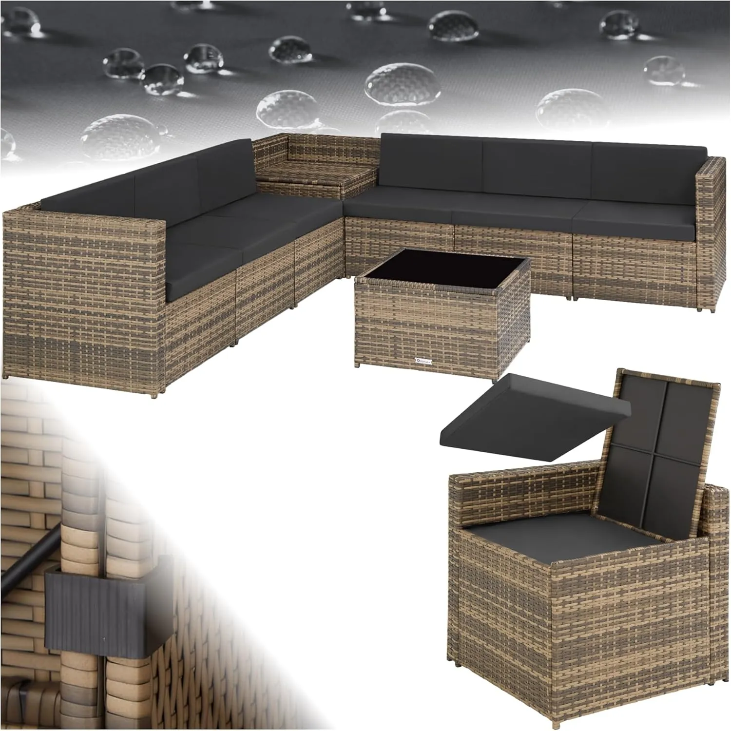 tectake Polyrattan Gartenlounge, frei zu gruppierende Balkon Möbel, Gartenmöbel Set mit einem Beistelltisch Outdoor, in…
