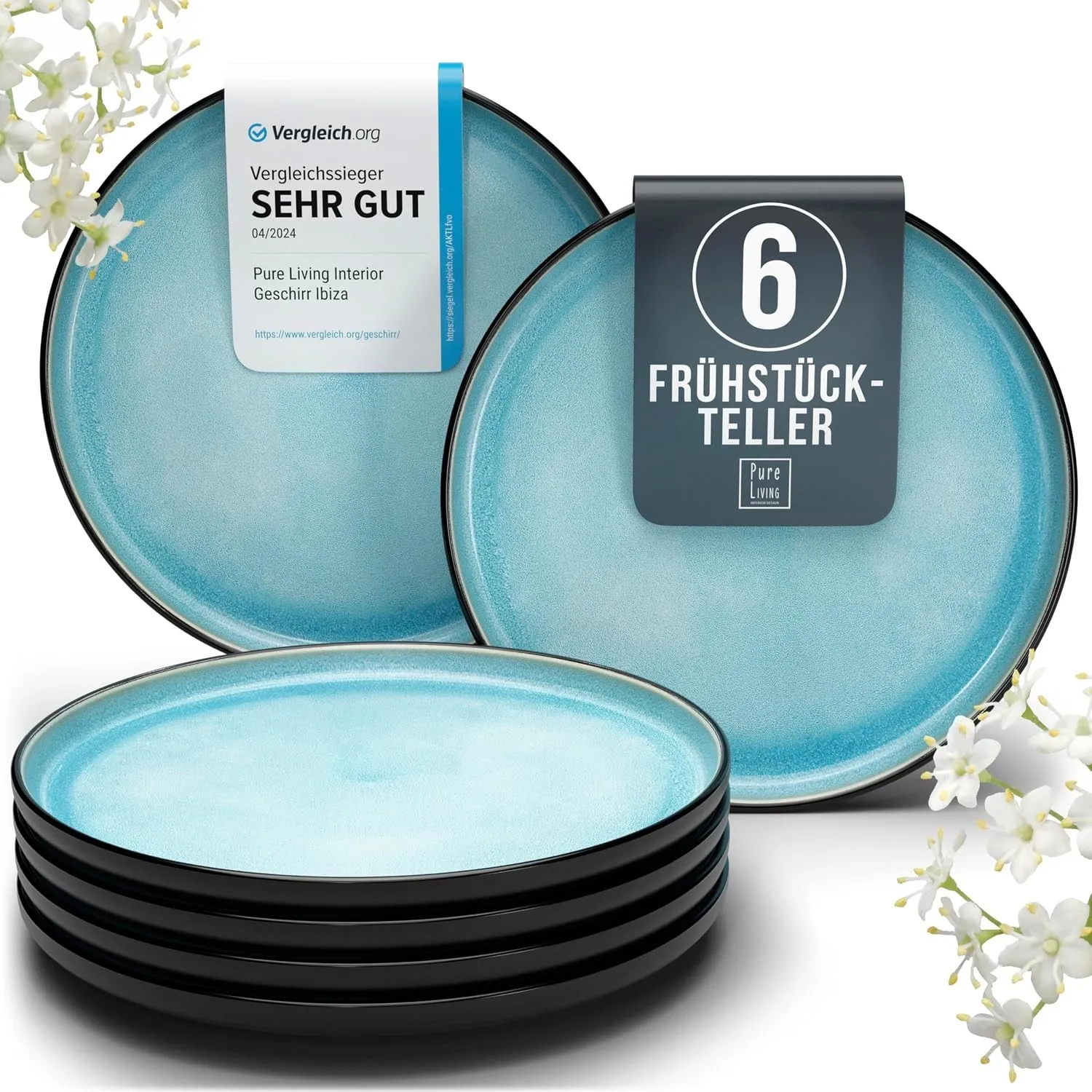 Steingut Frühstücksteller 6 Pers. Ibiza Hochwertiges Mediterranes TEST SEHR GUT Dessertteller Set - Kuchenteller spülma…