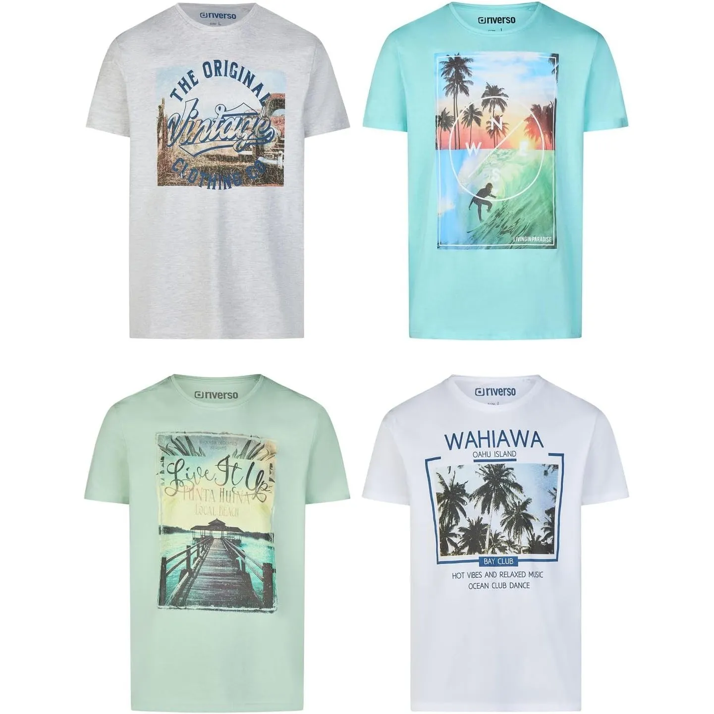 riverso Tshirt Herren Set Baumwolle Regular Fit RIVLukas 4er Pack | Rundhals Kurzarm Sommer Tee Shirt Print Blau Grün W…