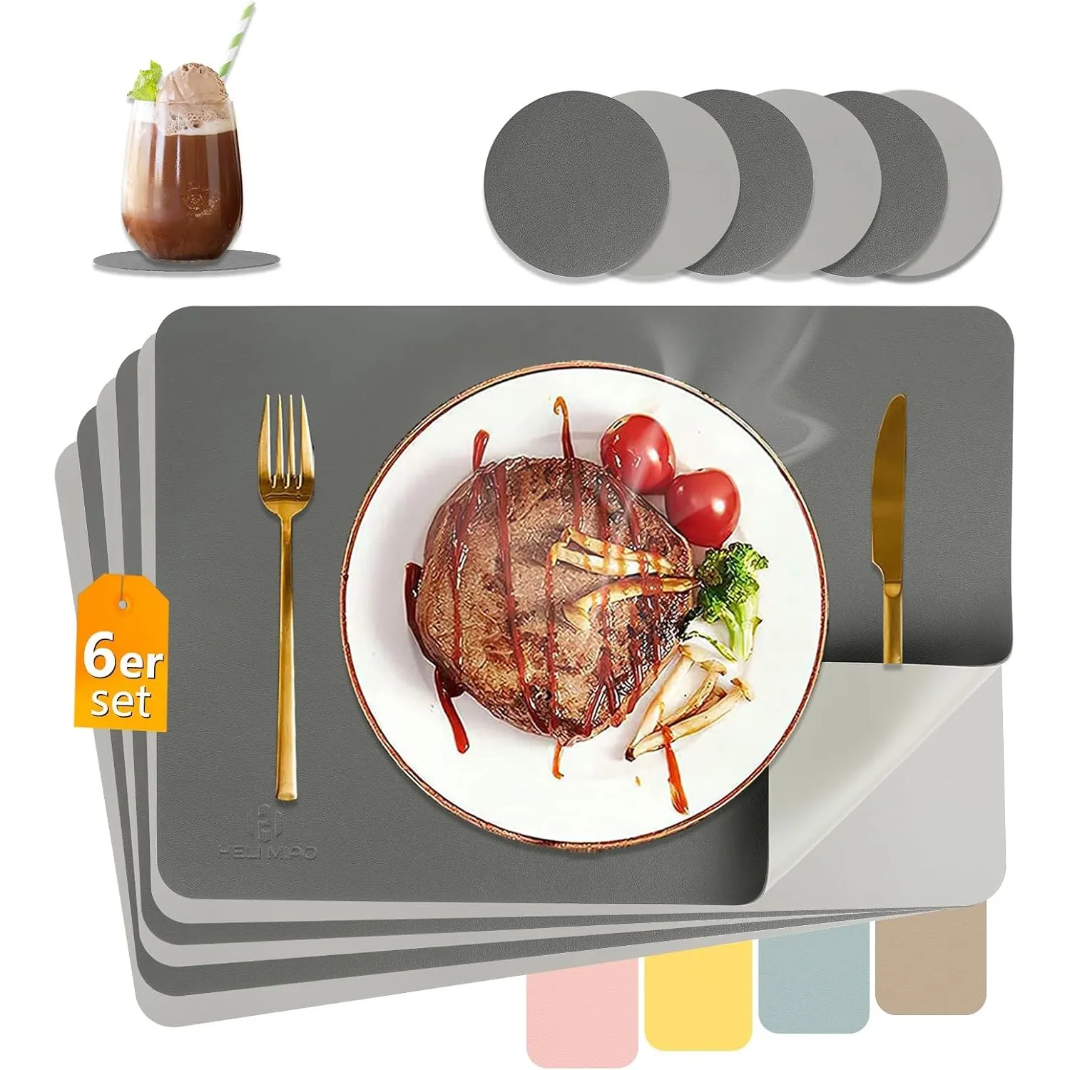 HELI MIAO Tischsets Abwaschbar,Platzsets Abwischbar, Leder,Hitzebeständig Doppelseitigen I 6er Set Platzdeckchen Ledero…