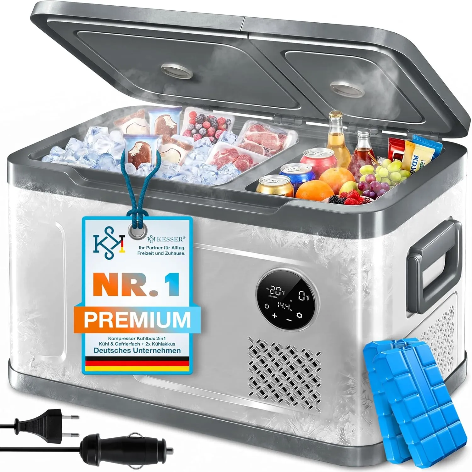 KESSER® Kompressor Kühlbox 2in1 Doppelzone Kühl & Gefrierfach elektrische Gefrierbox mit 2x Kühlakkus & LED-Touch-Bedie…