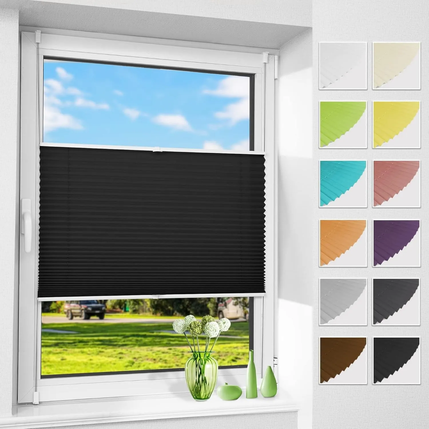 Allesin Plissee ohne Bohren Plissees Klemmfix Schwarz 75x110cm(BxH), Plisseerollo Faltrollo mit Klemmträger, Jalousie R…
