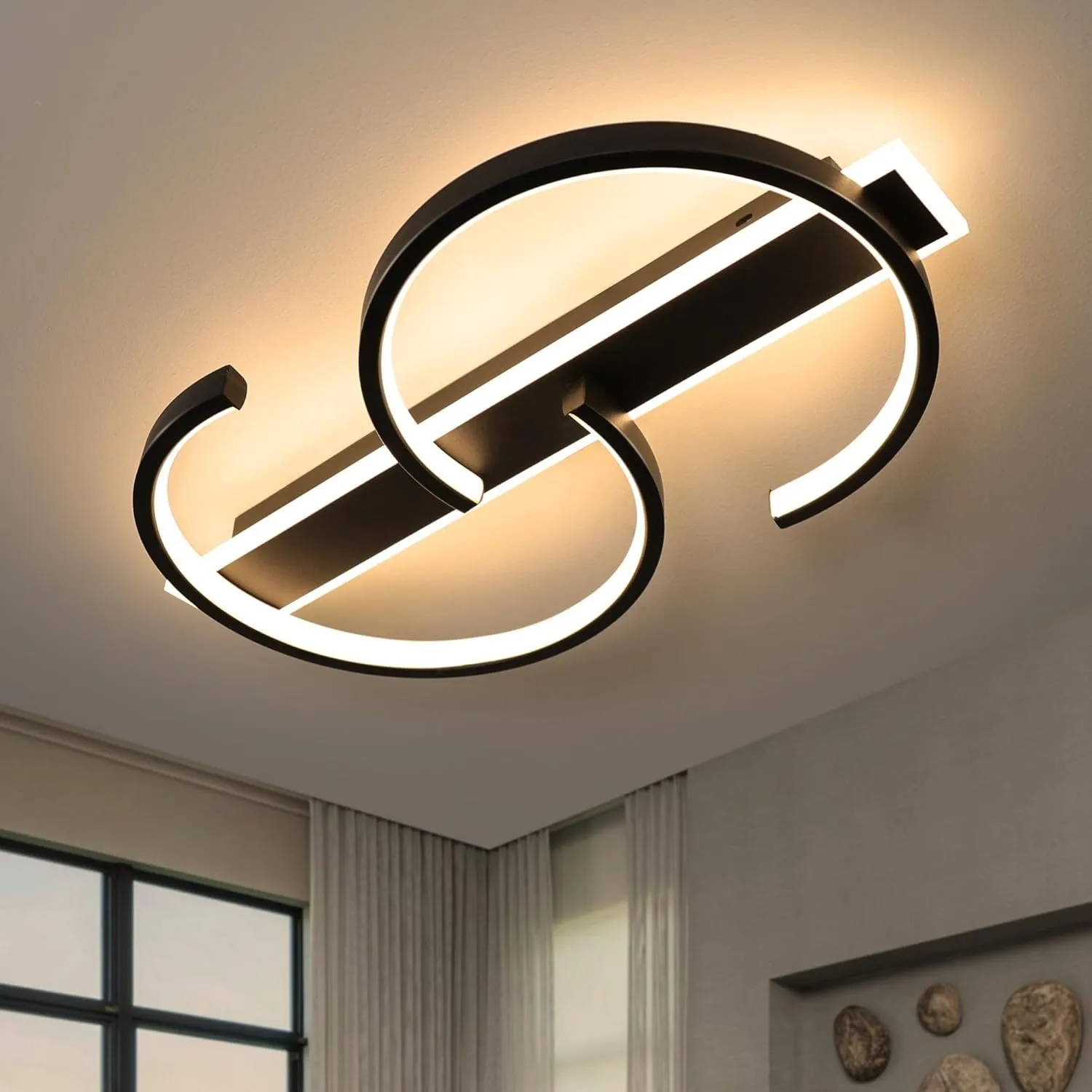 LUOLONG LED Deckenleuchte Dimmbar Deckenlampe Schwarz Wohnzimmerlampe mit Fernbedienung 2-Ringen kreis Deckenleuchte Sc…
