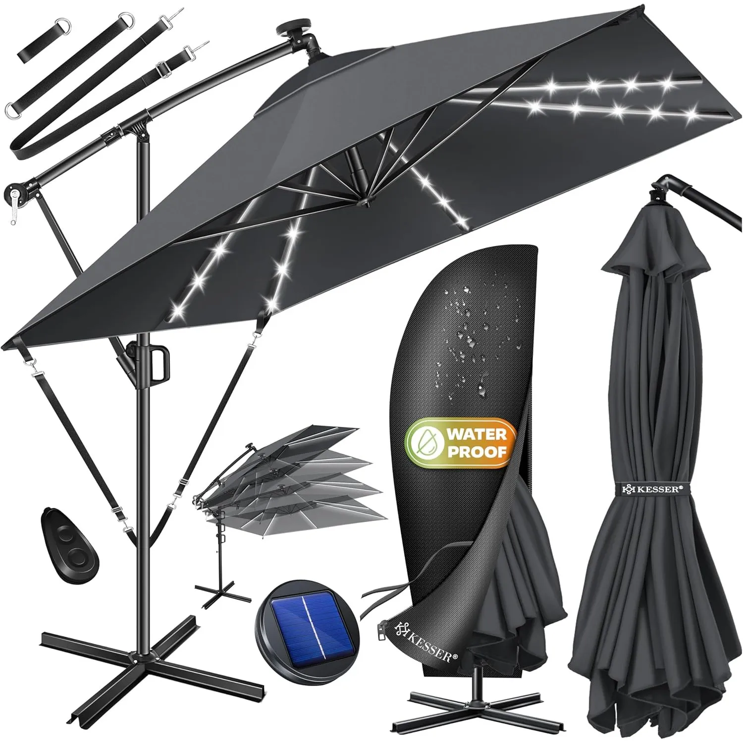 KESSER® Ampelschirm Sonnenschirm Rechteckig | Kurbel-Schirm mit Ständer UV-Schutz Aluminium Wasserabweisend 250 x 250 c…