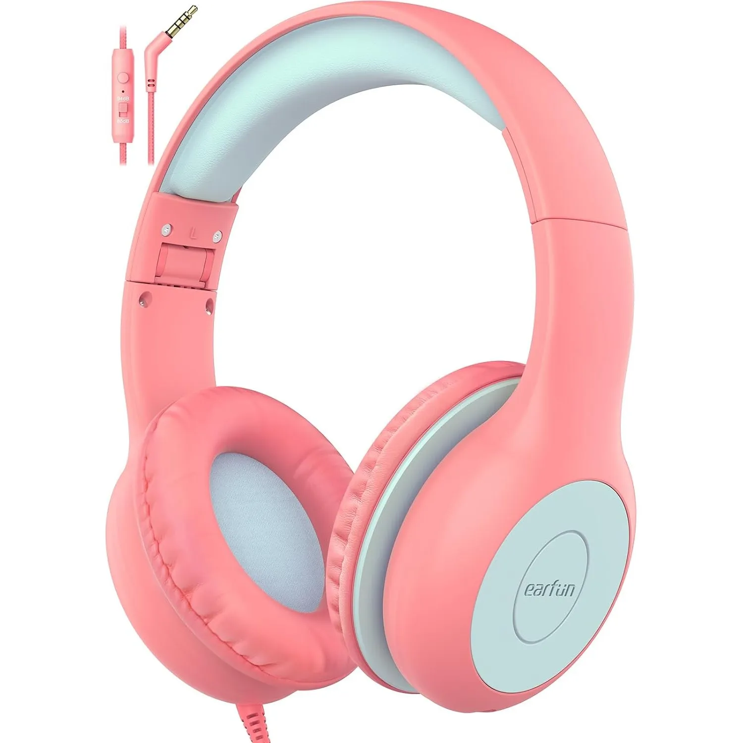 EarFun Kinder Kopfhörer mit 3,5 mm Kabel, Lautstärkebegrenzung, Rosa-blau