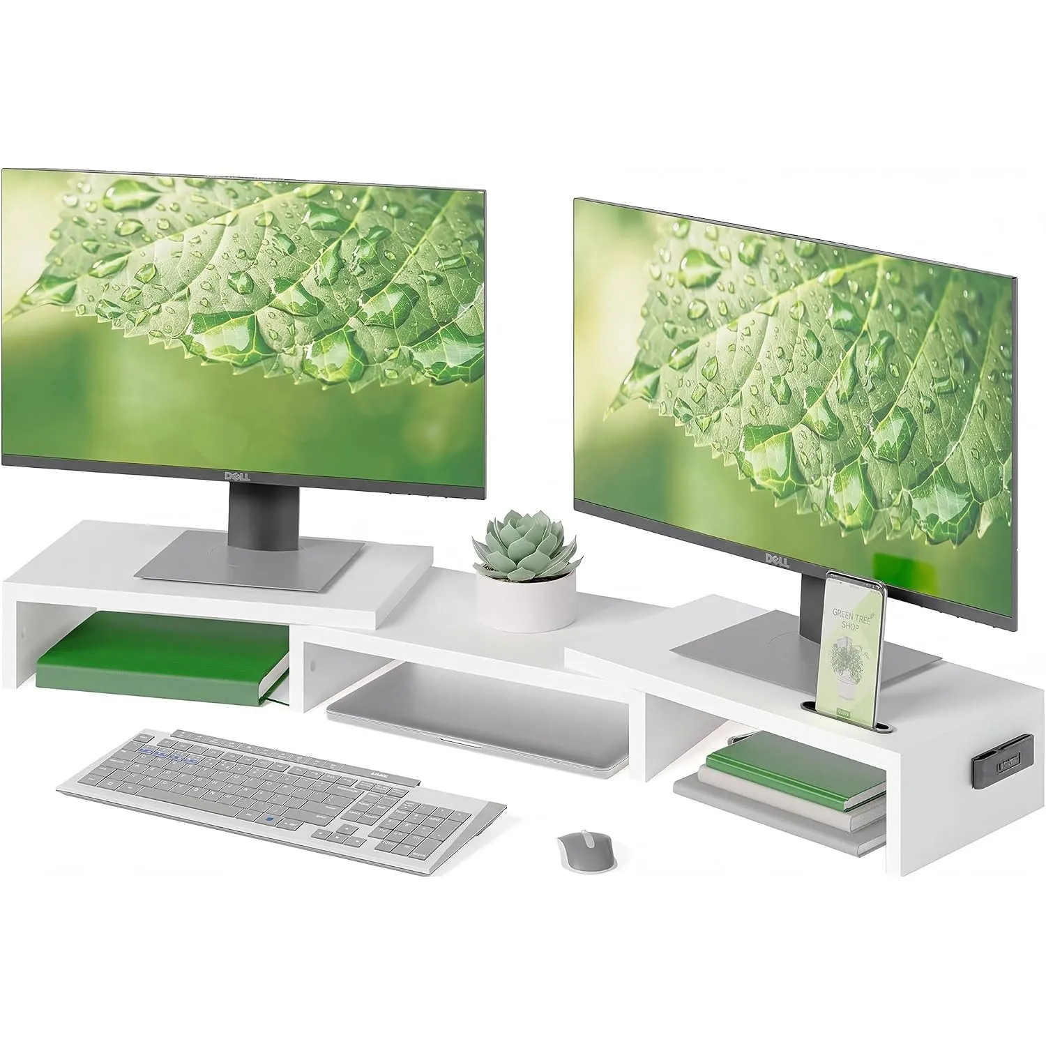 BONTEC Monitorständer Holz für 2 Monitore, verstellbar, Handyhalter, Weiß