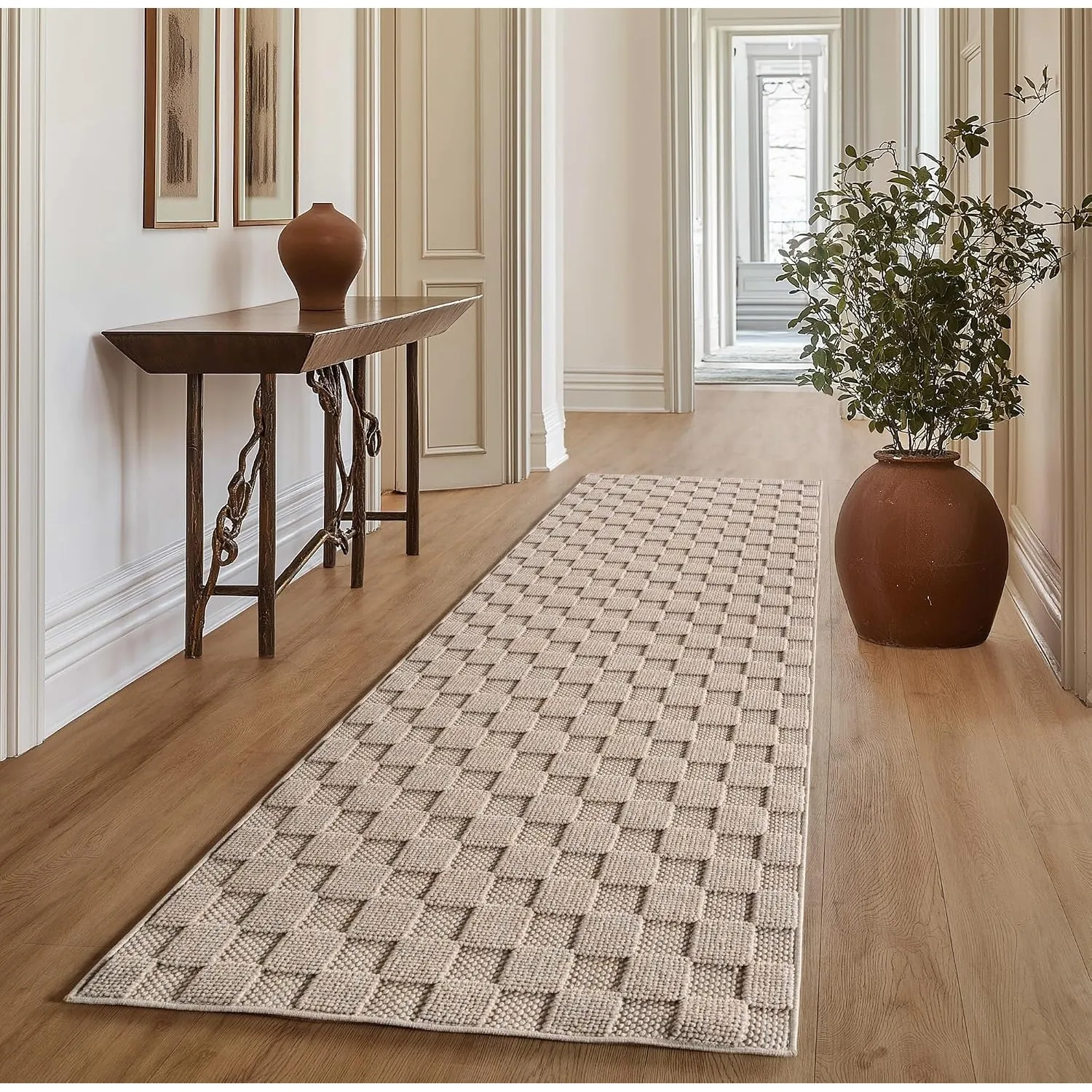 SIMPEX Teppich Läufer 60x110 cm Beige Karo Design Bouclé Schlingenflor Skandi Stil Superweich Robust Pflegeleicht Moder…