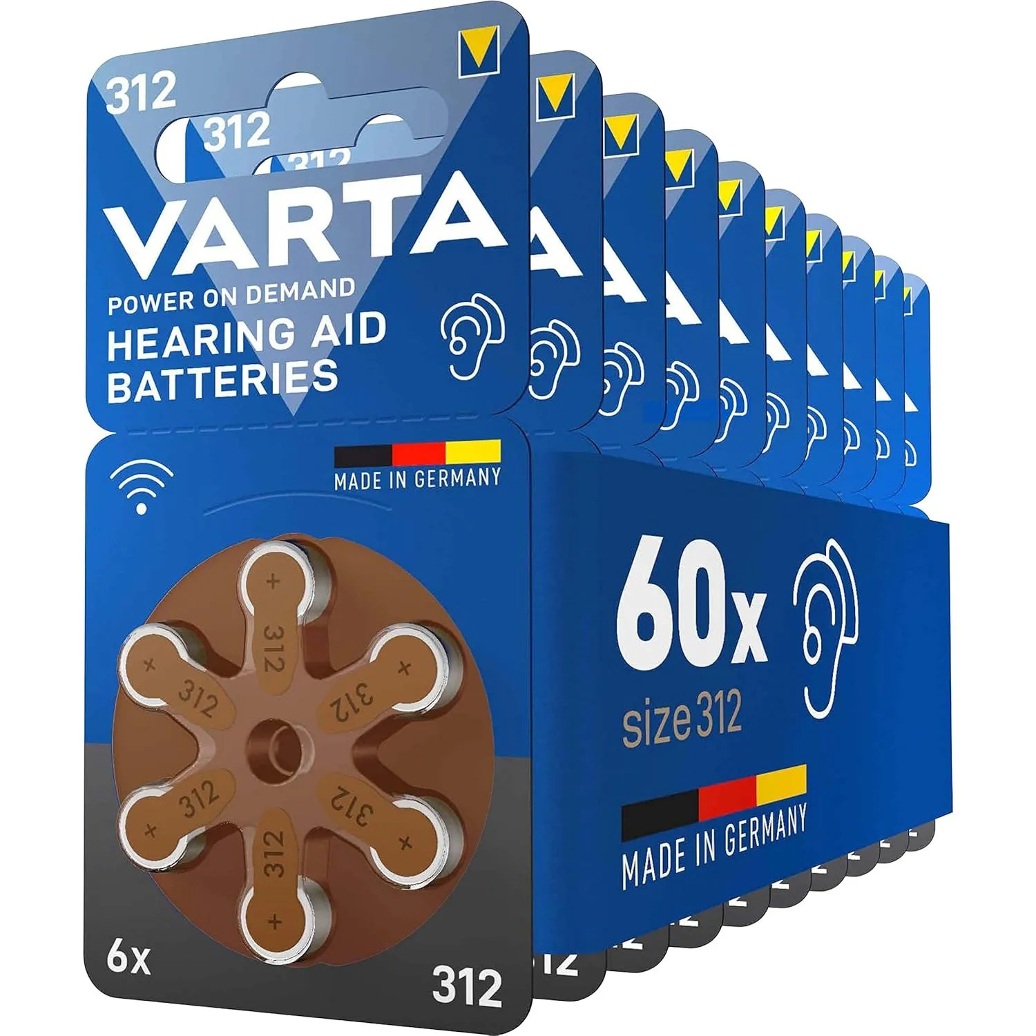 VARTA Hörgerätebatterien Typ 312 braun, 60 Stück Vorratspack, 1,45 V