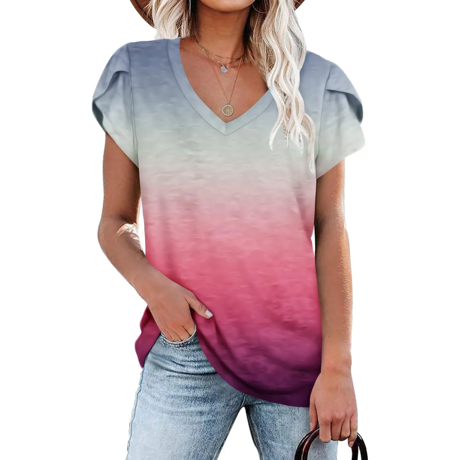 PLOKNRD Damen Tops V-Ausschnitt Blütenblatt Ärmel T-Shirt Sommer Freizeit Kurzen Ärmeln Strand Oberteile