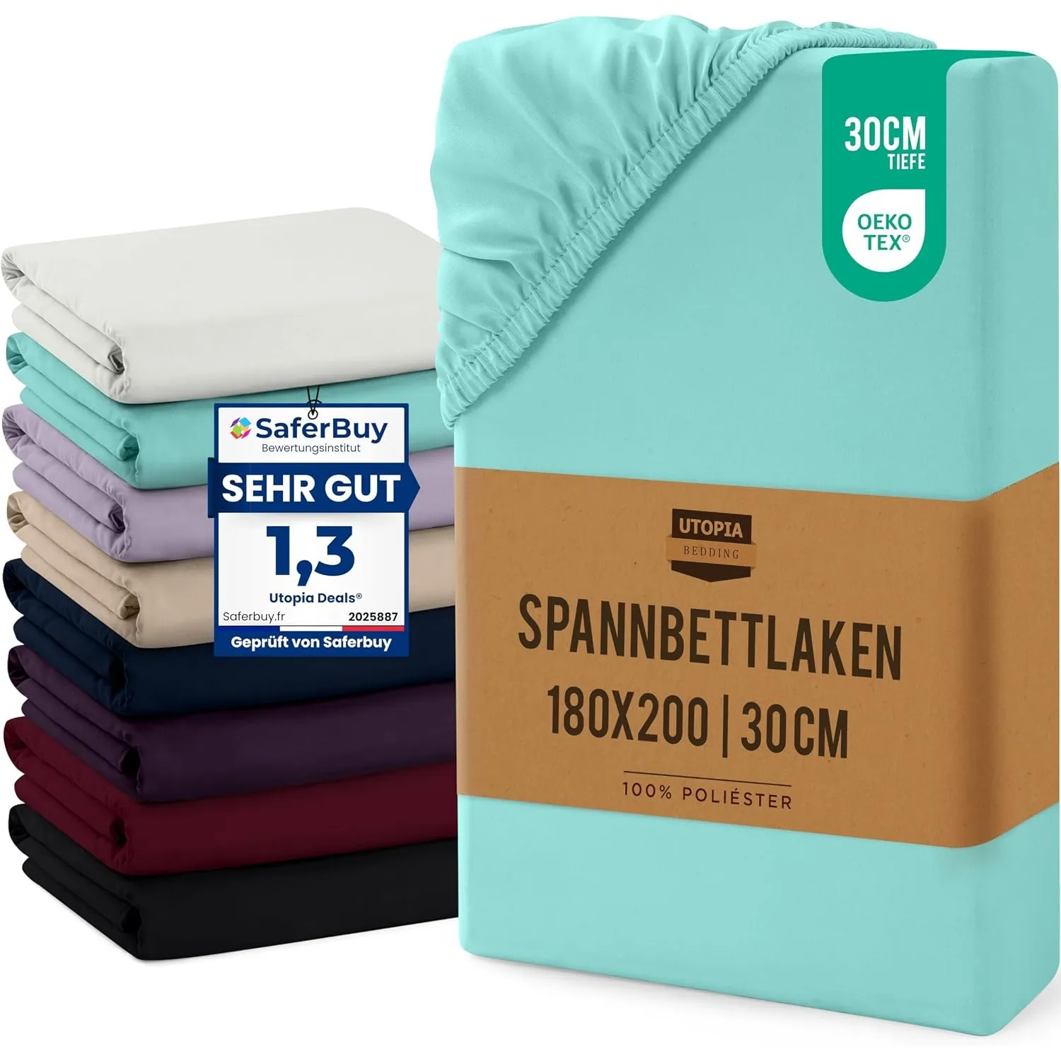 Utopia Bedding - Spannbettlaken 180x200cm Bis 30 cm - Spa Blau