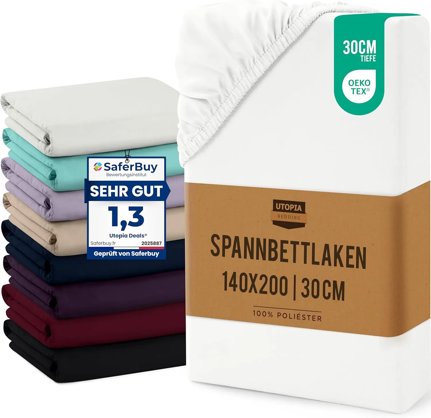 Utopia Bedding Fitted Sheet, Brushed Microfibre, up to 30 cm, OEKO-TEX Standard 100, 140 x 200 cm, White