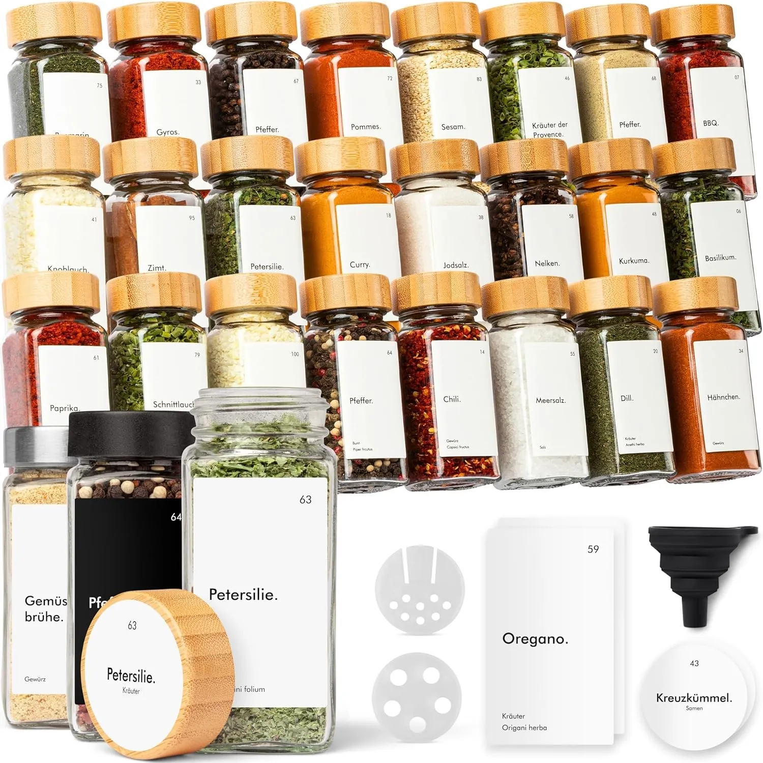 KIVY Gewürzgläser mit Streueinsatz - 24x 120ml + 240 Etiketten - Luftdicht
