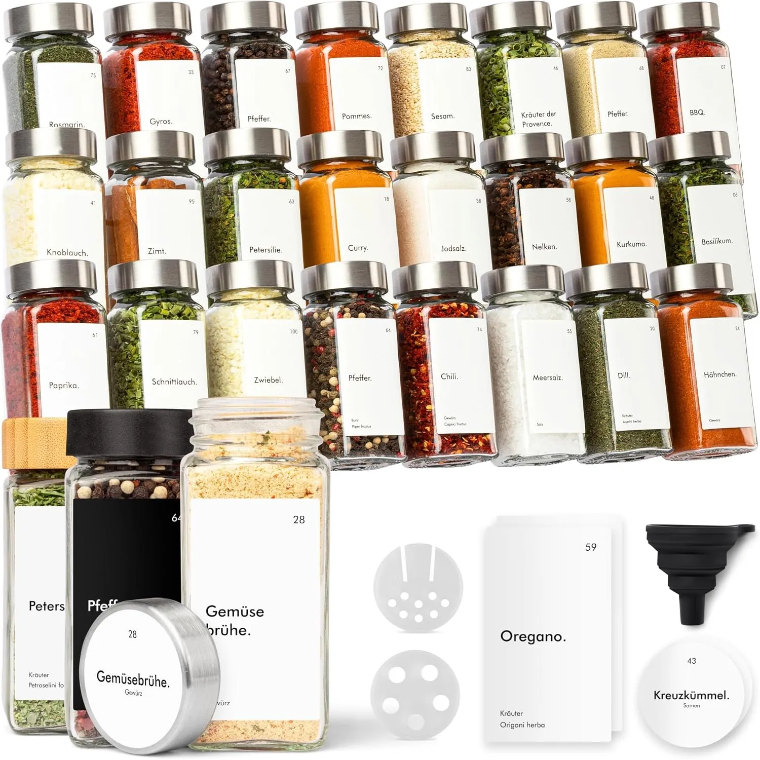 KIVY Gewürzgläser mit Streueinsatz - 24x 120ml + 240 Etiketten - Luftdicht
