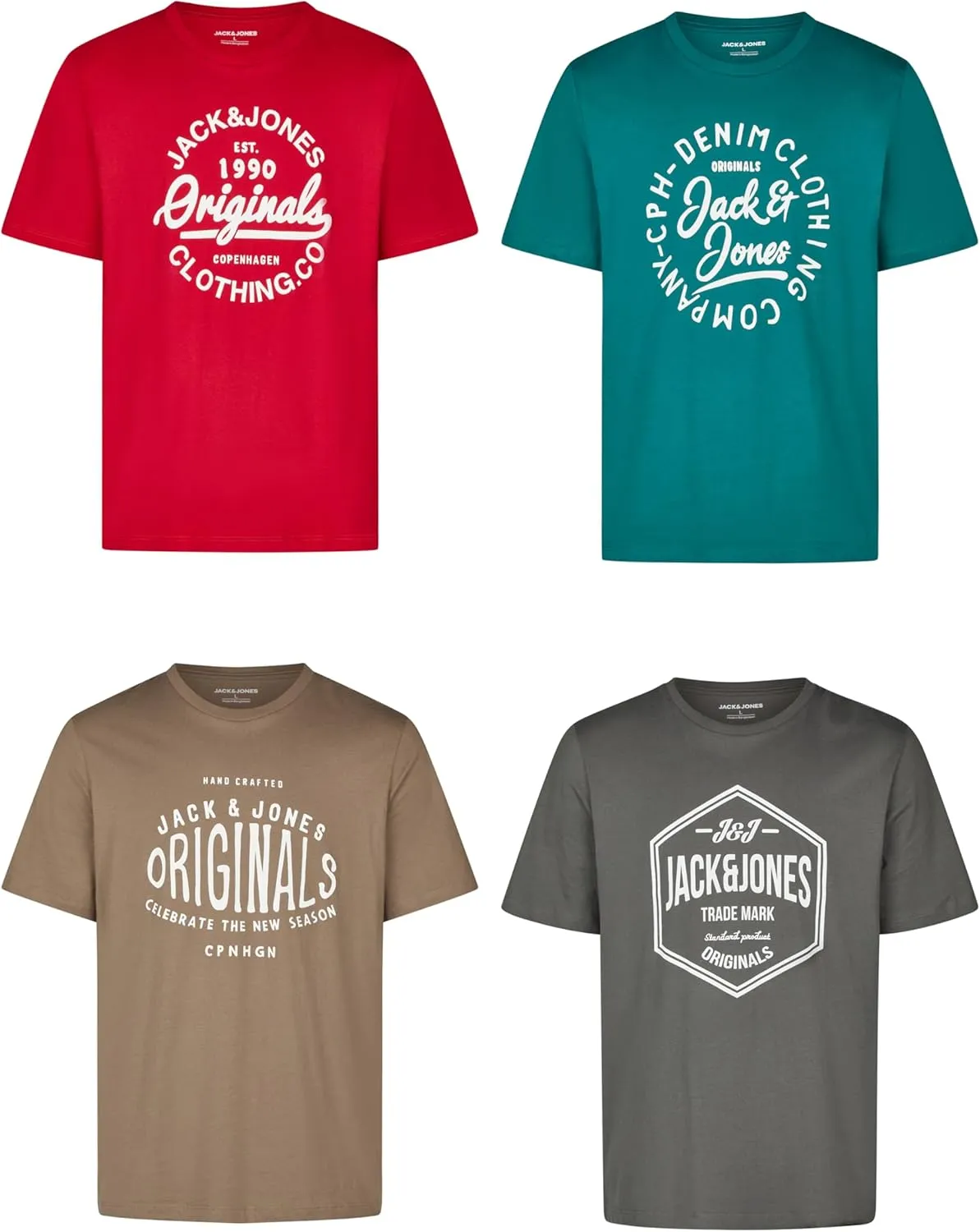 Jack and Jones JJLINO T-Shirt, Pack of 4 Crew Neck Short Sleeve Shirts, Regular Fit, Print, Summer, 100% Cotton, Black,…