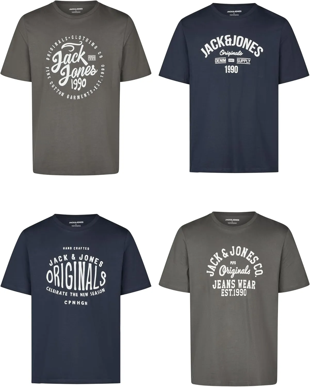Jack and Jones JJLINO T-Shirt, Pack of 4 Crew Neck Short Sleeve Shirts, Regular Fit, Print, Summer, 100% Cotton, Black,…
