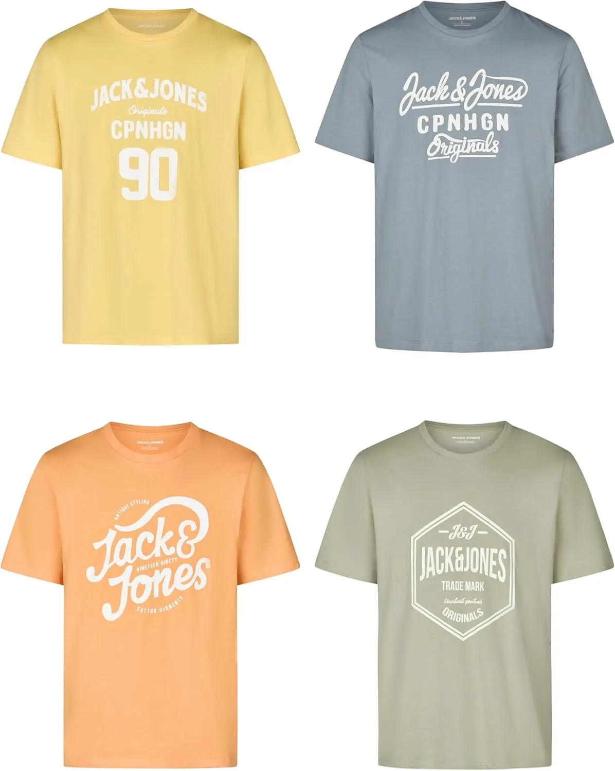Jack and Jones JJLINO T-Shirt, Pack of 4 Crew Neck Short Sleeve Shirts, Regular Fit, Print, Summer, 100% Cotton, Black,…