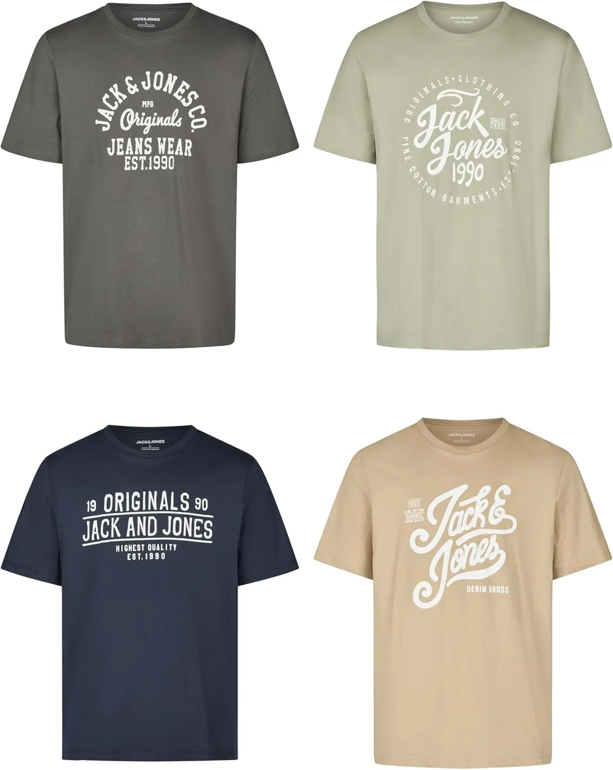 Jack and Jones JJLINO T-Shirt, Pack of 4 Crew Neck Short Sleeve Shirts, Regular Fit, Print, Summer, 100% Cotton, Black,…