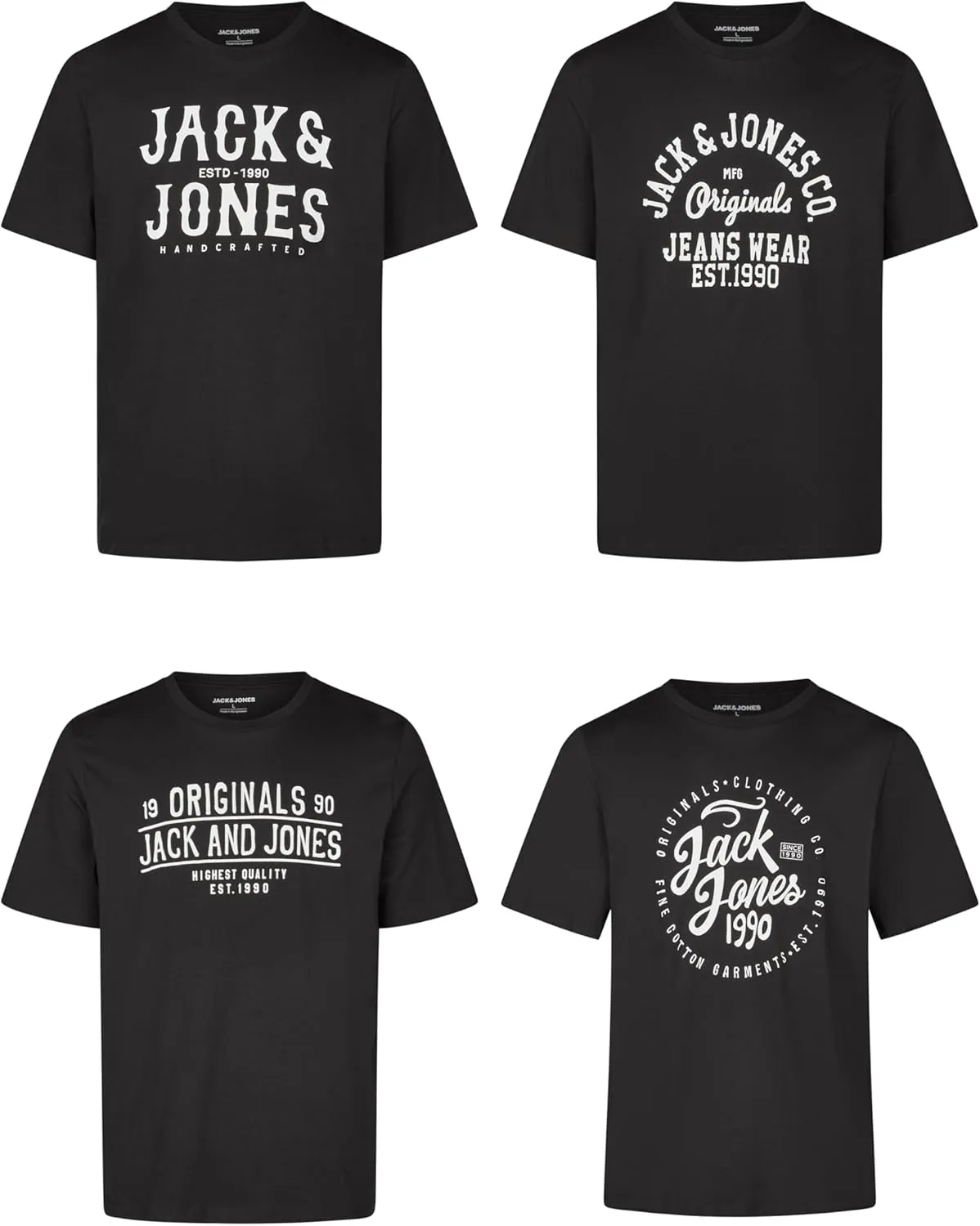 Jack and Jones JJLINO T-Shirt, Pack of 4 Crew Neck Short Sleeve Shirts, Regular Fit, Print, Summer, 100% Cotton, Black,…