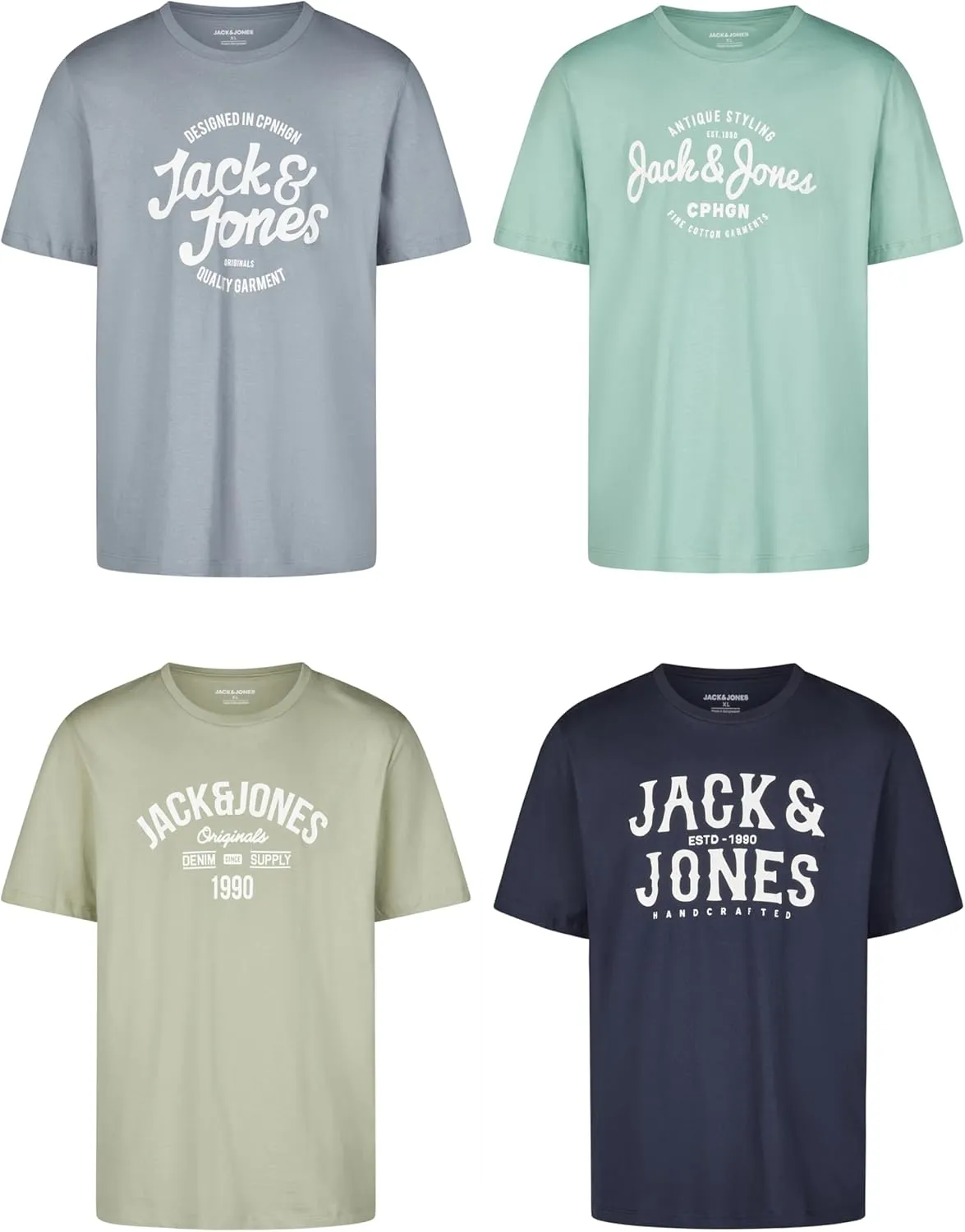 Jack and Jones JJLINO T-Shirt, Pack of 4 Crew Neck Short Sleeve Shirts, Regular Fit, Print, Summer, 100% Cotton, Black,…
