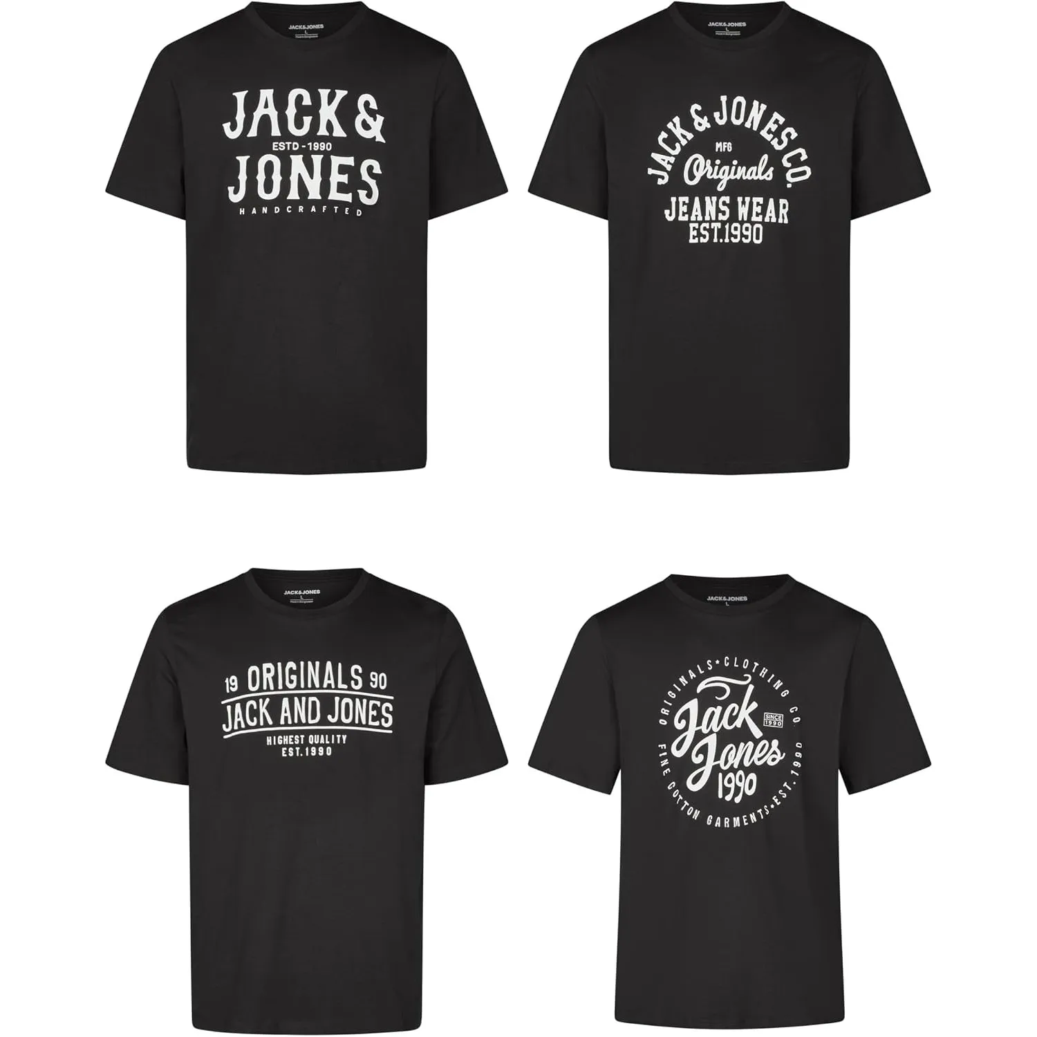 JACK & JONES Tshirt Herren Regular Fit JJLINO 4er Pack Set Pack Rundhals Kurzarm Sommer Tee Shirt Print Schwarz Weiß Gr…