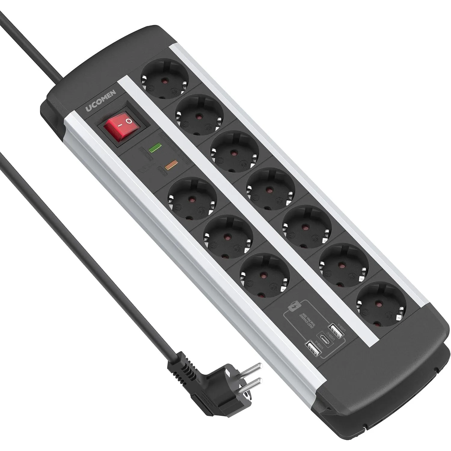 10-Fach Steckdosenleiste mit USB-C PD 20W, Überspannungsschutz