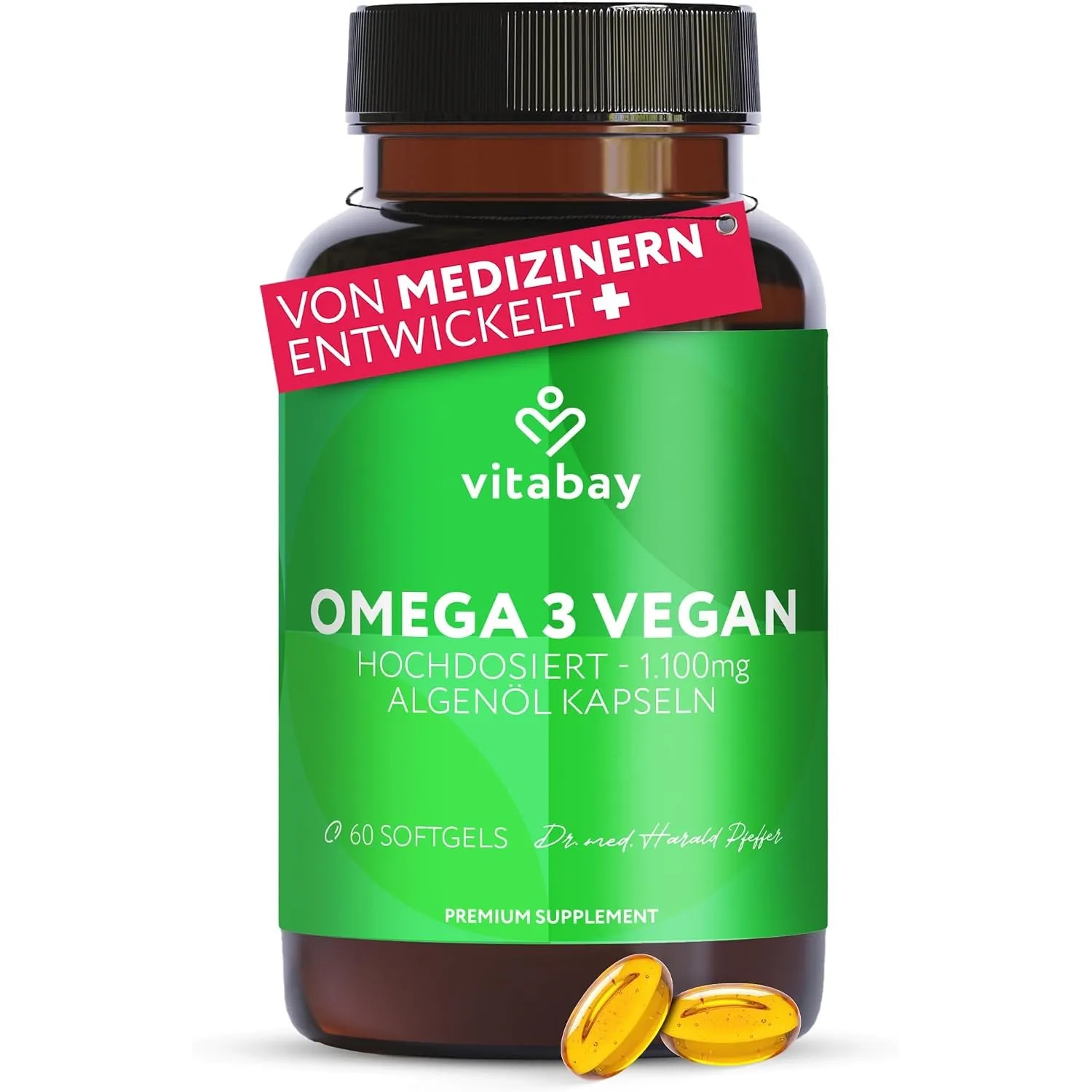 Vitabay Omega 3 Vegan 60 Kapseln mit 1100mg reinem Algenöl mit Vitamin E | hochdosiert – DHA 600mg & 300mg EPA – Laborg…