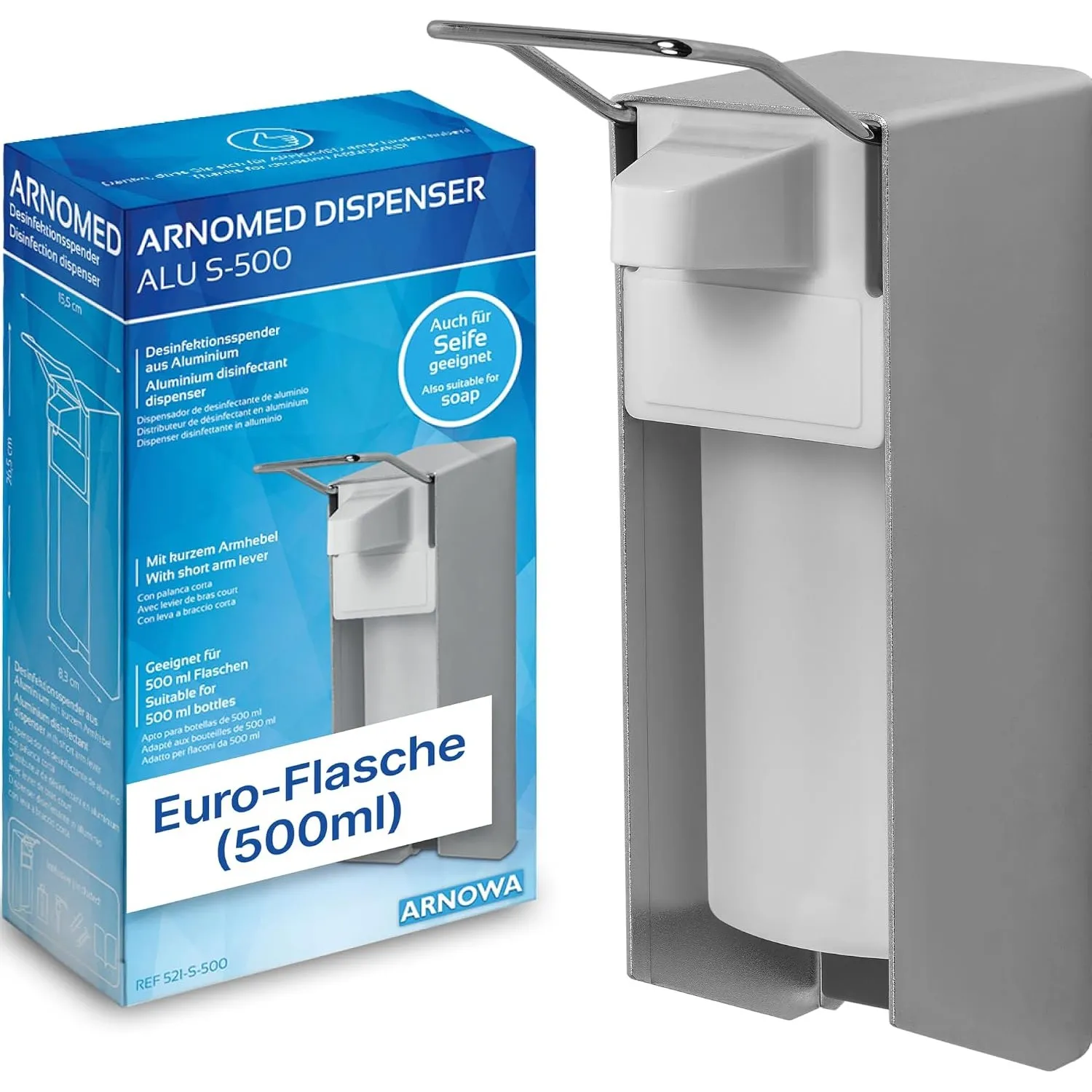 1x ARNOMED® Desinfektionsspender Alu, Seifenspender 500ml, kurzer Armhebel