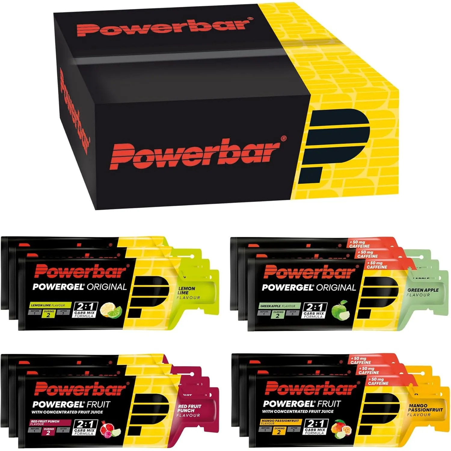 Powerbar - PowerGel Multiflavour Box - 12x41g - High Carb Energie Gele - 2:1 Kohlenhydratverhältnis - Natrium