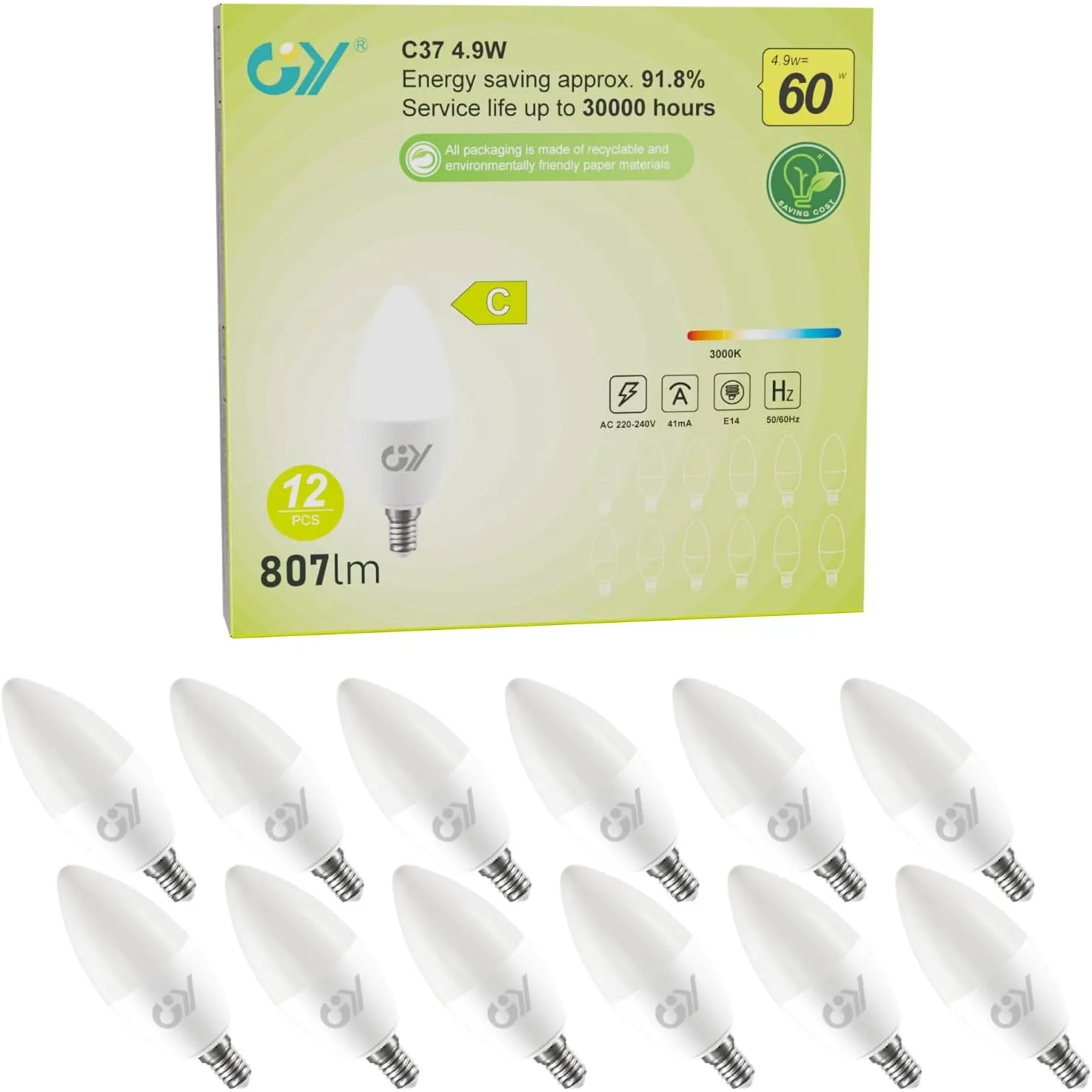 GY E14 LED Ultrahelle Energiespar Glühbirne, 4.9W Glühbirne E14, Ersetzt 60W lampe, C37 LED Birne 807LM, 3000K Led Warm…