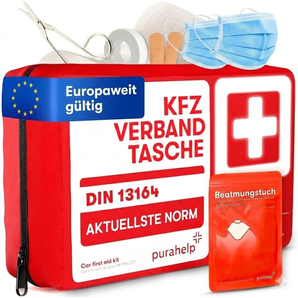 PURAHELP® Verbandskasten Auto inkl. Beatmungstuch [DIN 13164] - Erste Hilfe Set Auto StVO Konform für 2026 - KFZ Verban…