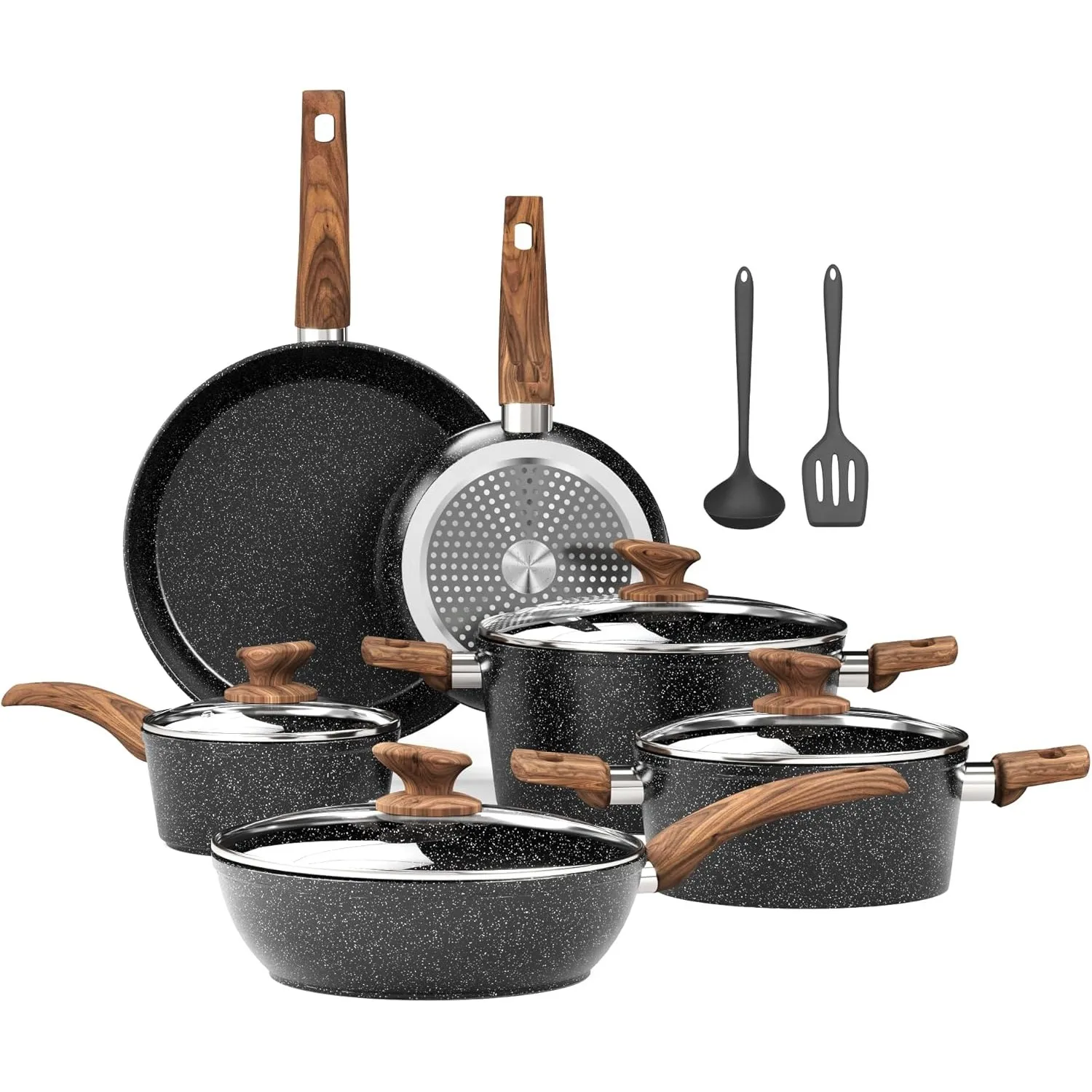 Kitchen Academy Induktion Töpfe Set - 12-teilige Schwarze Granit Kochtöpfe Set,Antihaft Topfset und Pfannen Set,PFOA & …