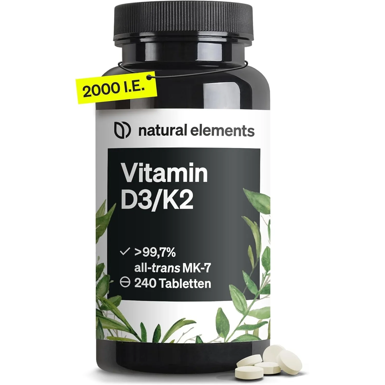 natural elements Vitamin D3 + K2 – > 99,7% all-trans MK-7 & 2000 IE Vitamin D3 – 240 Tabletten – hochdosiert, optimal b…