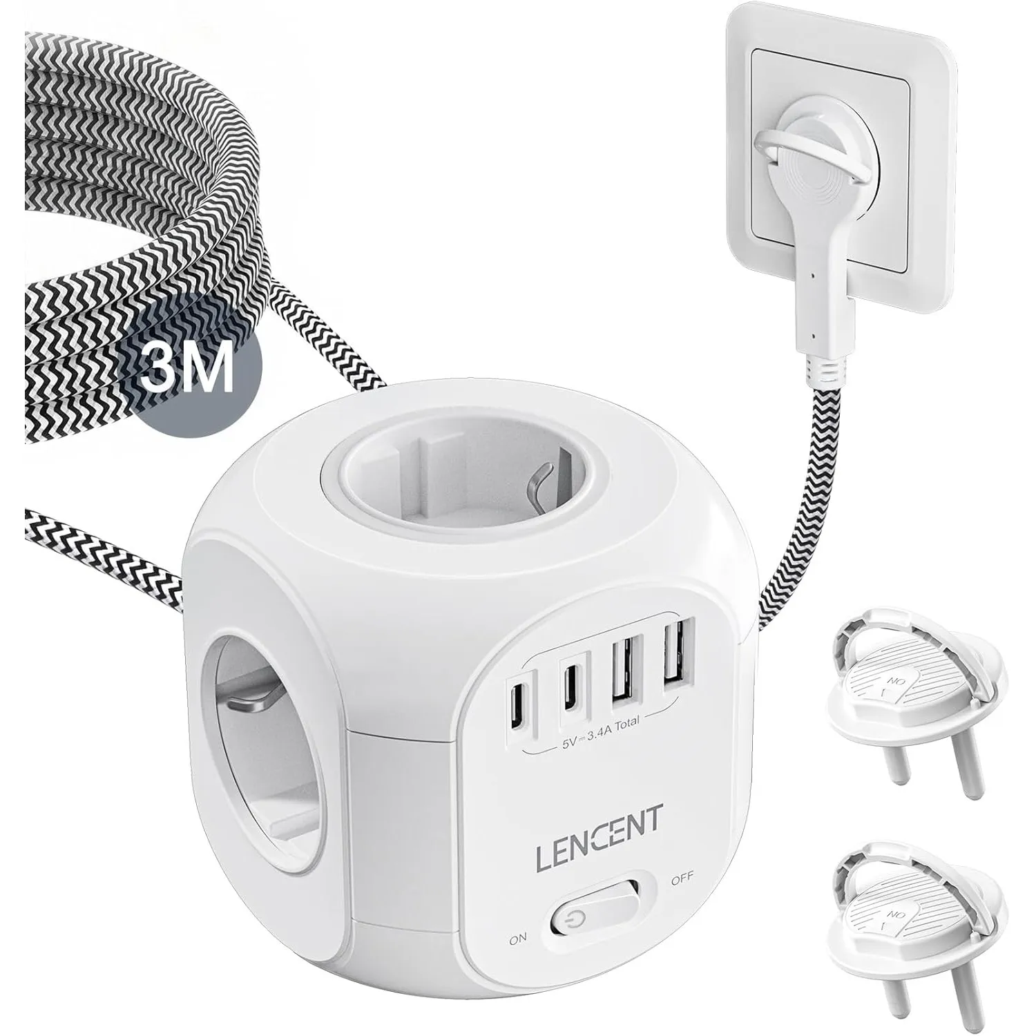 LENCENT 4 Fach Steckdosenleiste Flachstecker Steckdosenwürfel 3 Meter
