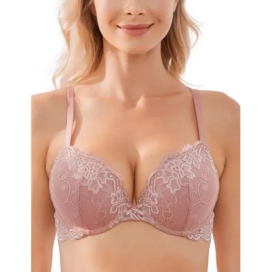 Wingslove Damen Push Up BH mit floraler Spitze gepolsterter Bügel BH Komfort BH