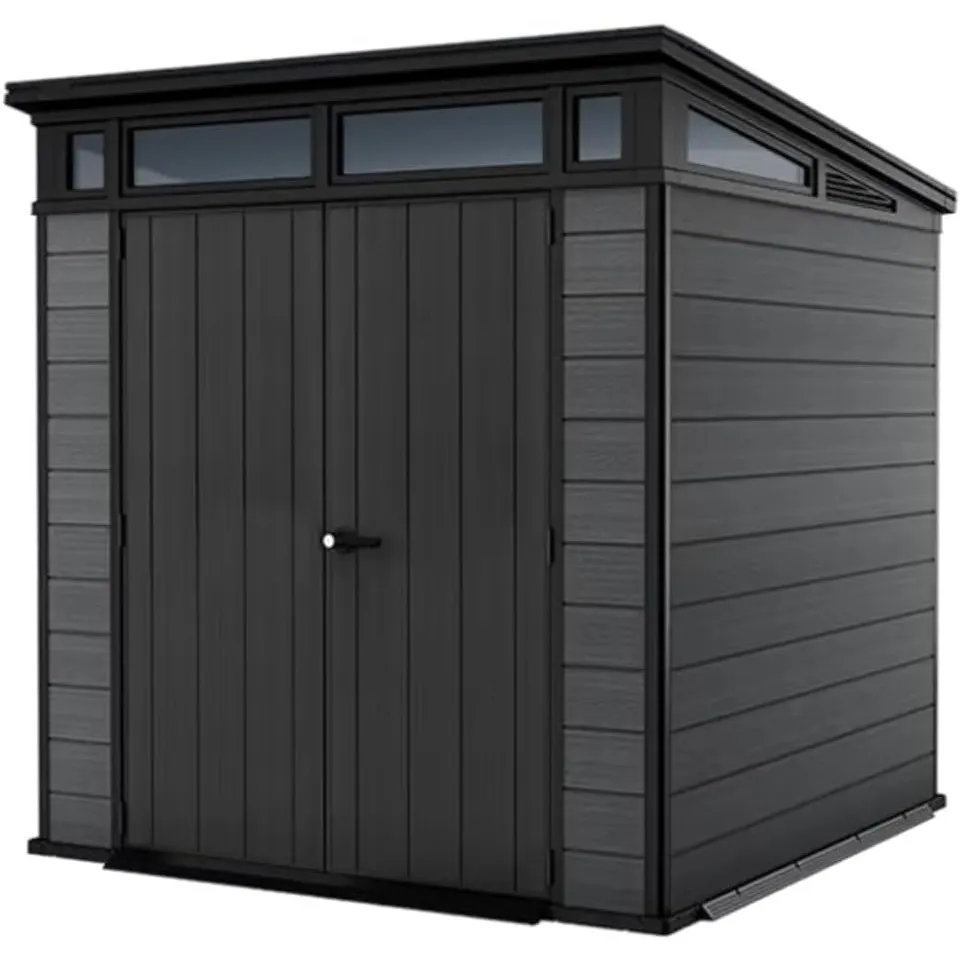 Keter Cortina 7x7 Gartenhaus, modern & wetterfest, EVOTECH™-Material, Doppeltüren, Grau, Maße: 228 x 223 x 252 cm