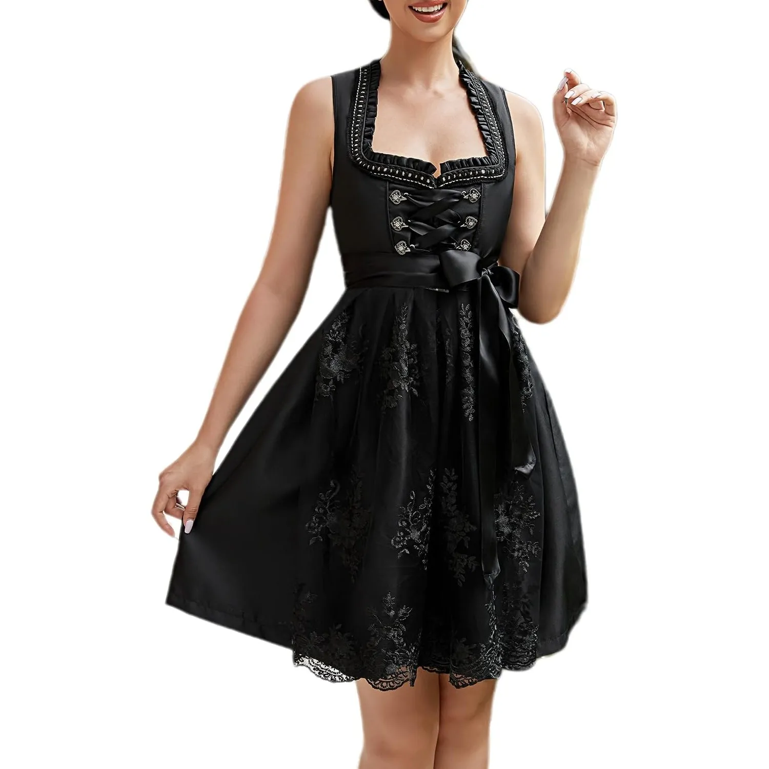 KOJOOIN Damen Dirndl 2tlg. Midi Trachtenkleid Kurz Dirndlkleid(High-End) mit Dirndlschürze für Oktoberfest von Gr.34-48