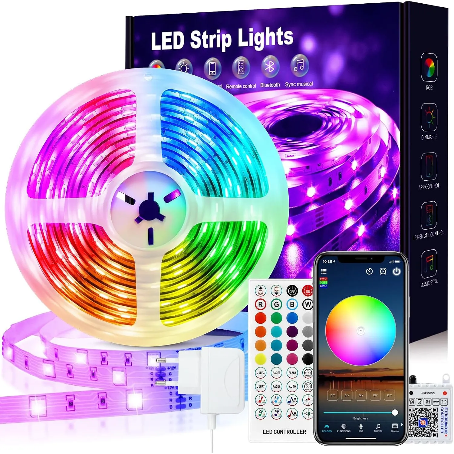 VKH LED Strip 5m, LED Streifen 5m Selbstklebend Bluetooth RGB LED Band mit Fernbedienung und APP, LED Lichterkette LED …