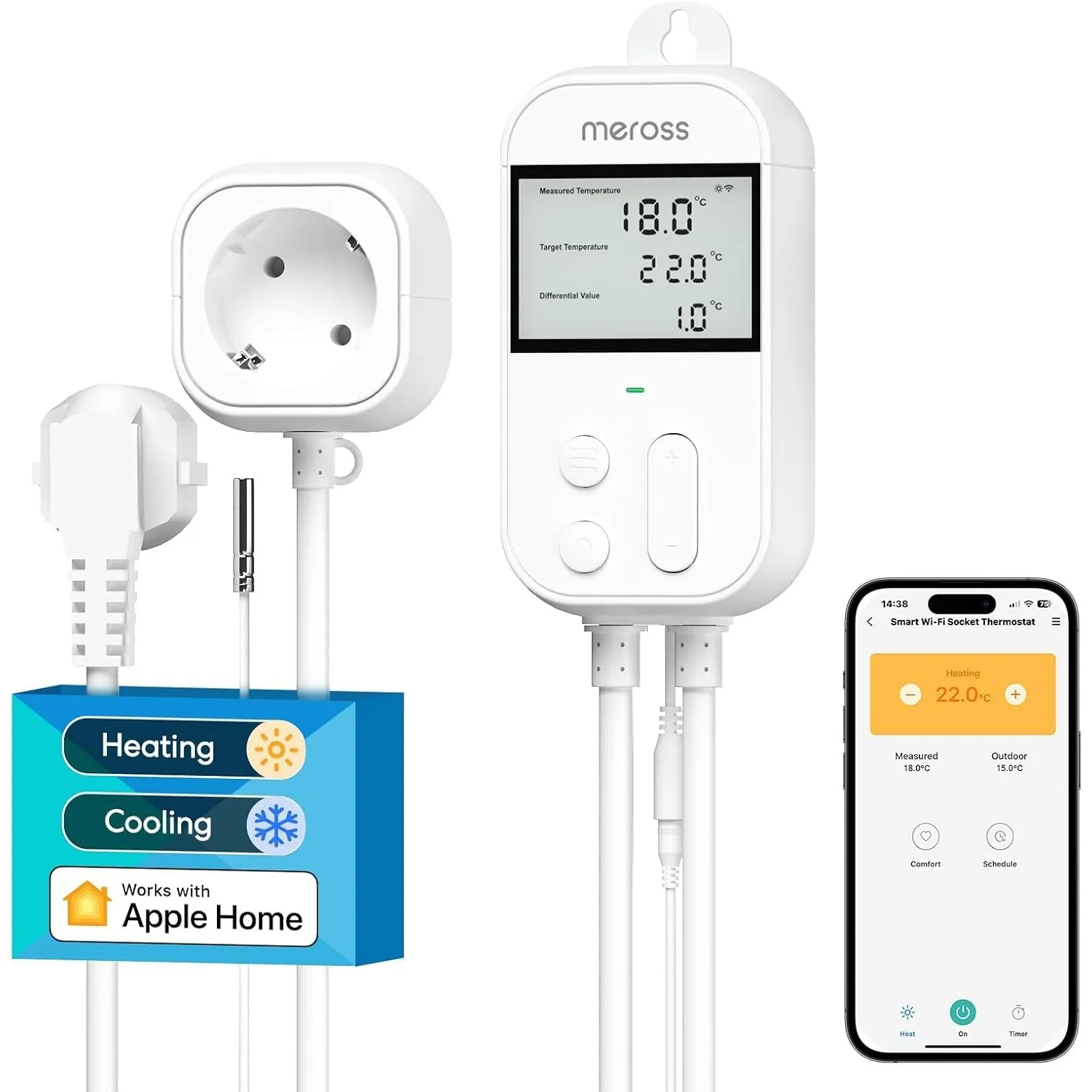 Meross Smart Thermostat Steckdose für HomeKit Digital WLAN Temperaturregler WiFi Heizungsthermostat Steckdose mit Fühle…