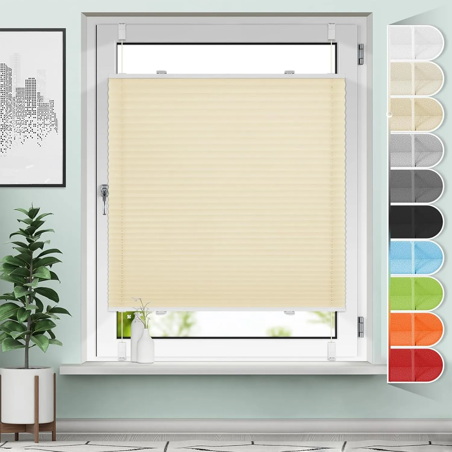 Sanfree Plissee ohne Bohren Klemmfix Creme B40 x H110cm Jalousie Faltrollo Plisseerollo ohne Bohren für Fenster & Tür