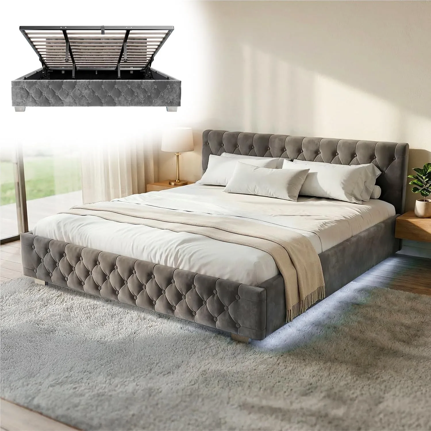 Juskys Polsterbett Nizza 180x200 cm Samt mit Stauraum, LED Beleuchtung & Lattenrost - Chesterfield Steppung & Kopfteil …