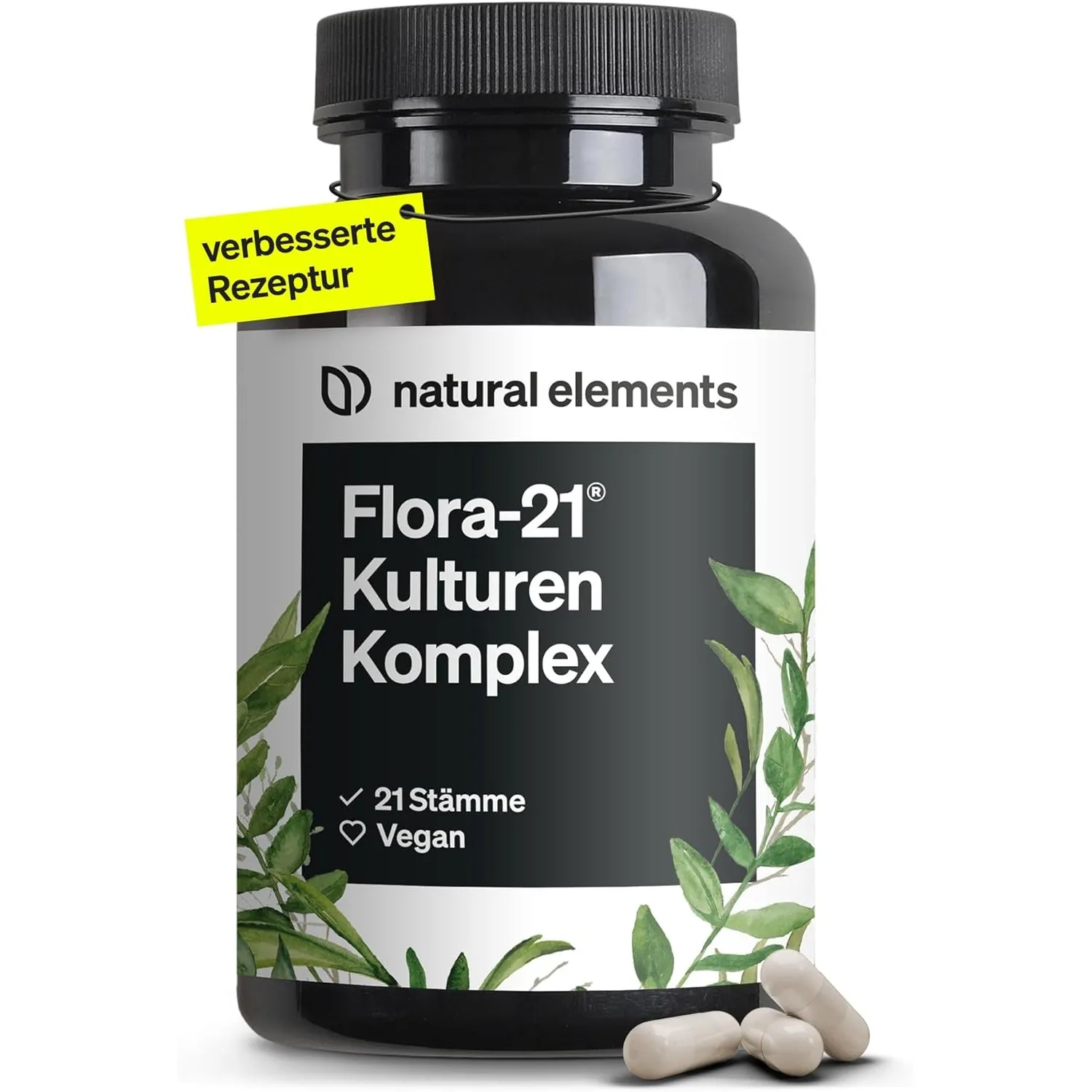 natural elements Flora 21® Kulturen Komplex – 21 Bakterienstämme + Bio Inulin – 180 magensaftresistente Kapseln – Labor…