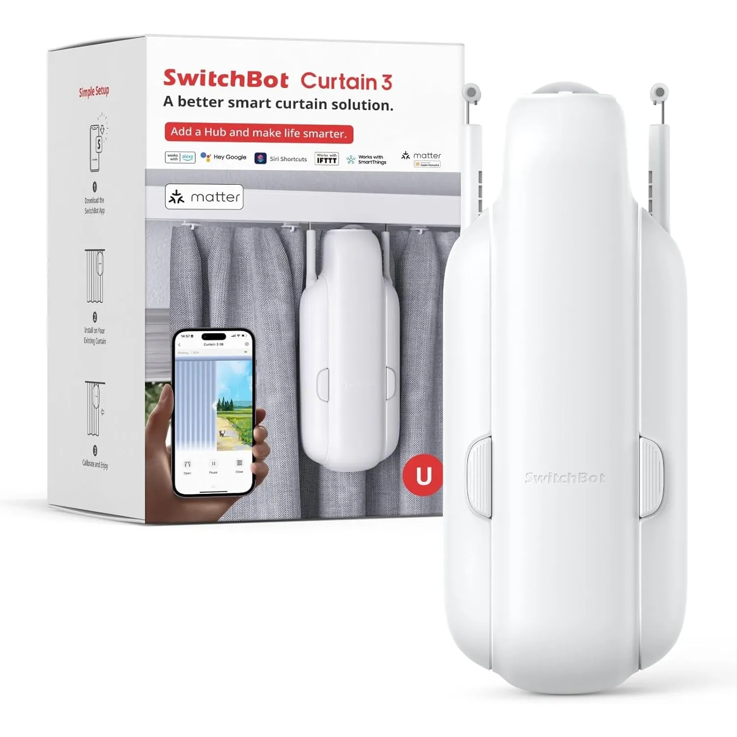 SwitchBot Smart Automatischer Vorhangöffner - Bluetooth Fernbedienung mit App/Timer, Aufgerüsteter Hochleistungsmotor, …