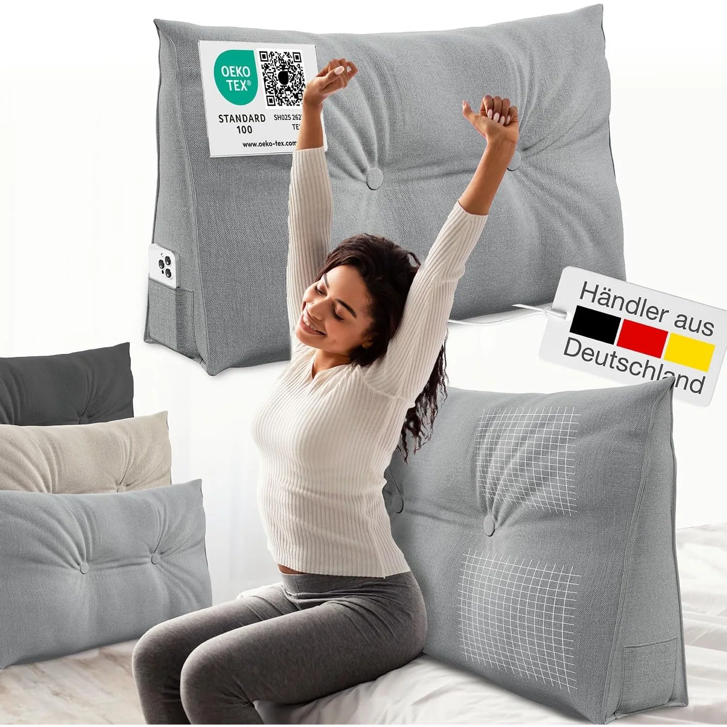 ELONEO Rückenkissen 70 cm breit, Keilkissen für Bett und Sofa geeignet, dreieckiges Lesekissen, Kissen mit abnehmbarem …